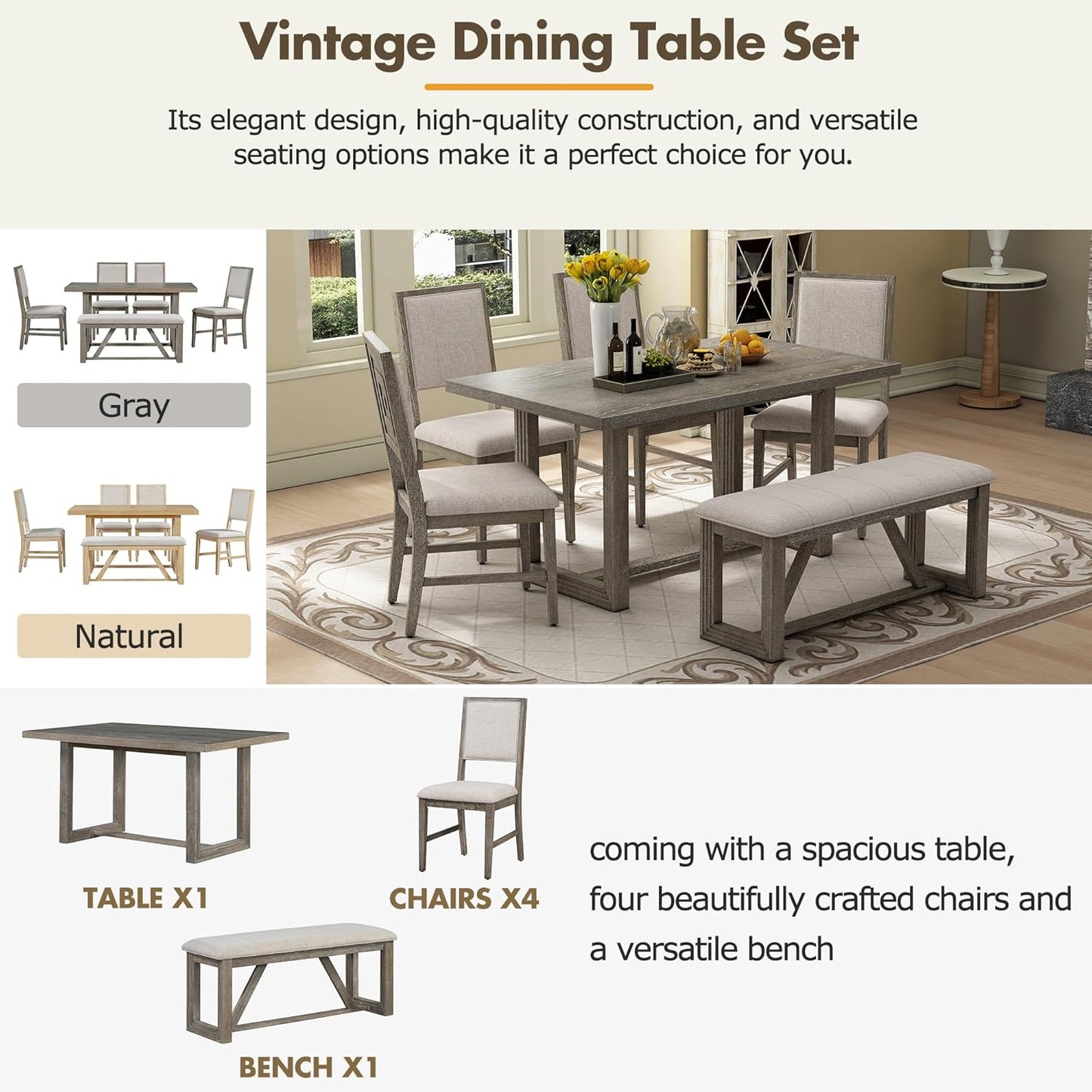 Merax Farmhouse Wooden Dining Set of 6, 59.6 inch Kitchen Table with Trestle Base, 4 Upholstered Chairs and 1 Bench, Easy Assemble Gray