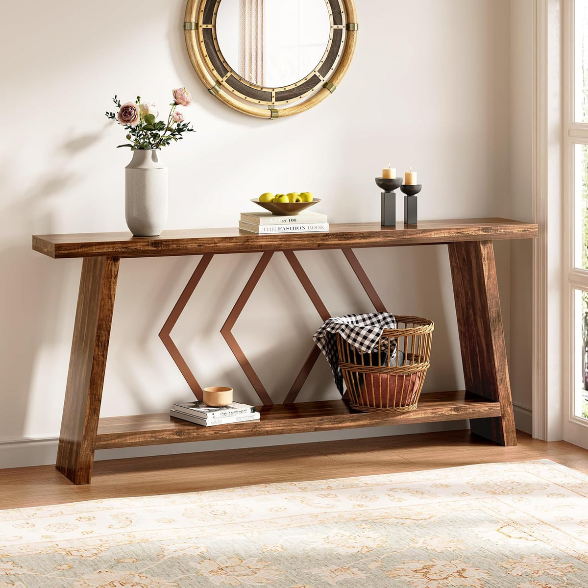 LITTLE TREE 70.9-Inch Console Table, Long Sofa Table Behind Couch, Farmhouse Console with Shelf for Entryway, Living Room, Hallway