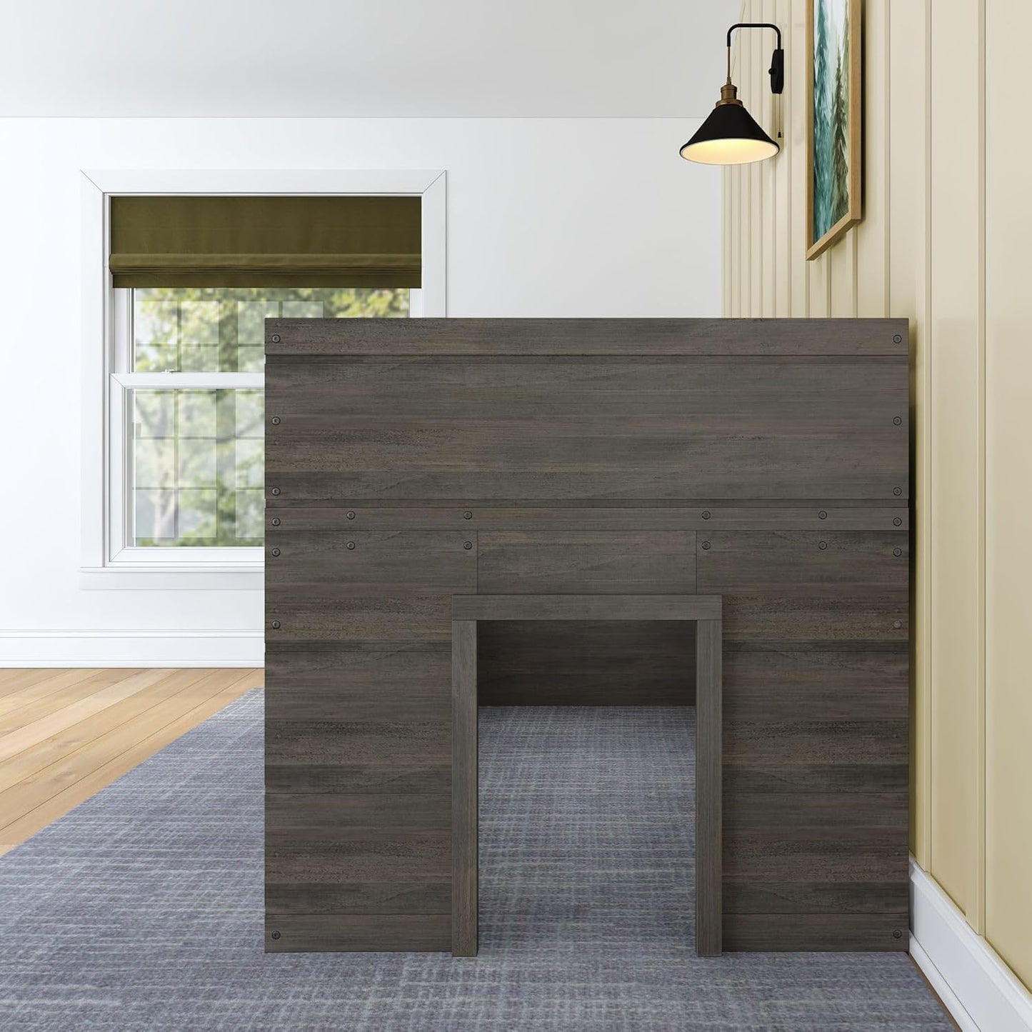 Max & Lily Modern Farmhouse Twin Low Loft Bed with Two Windows - Solid Wood, 15” Guardrails, 400-lb Capacity, Low-VOC Finish, Driftwood