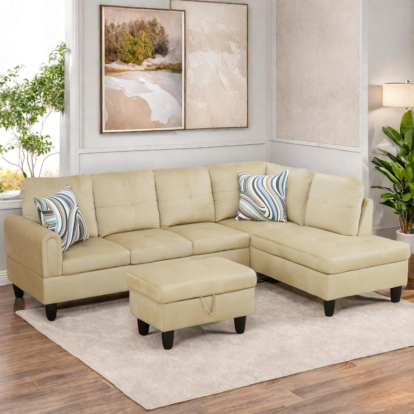 Sectional Couch with Otttoman, 97" L Shaped Couch Sectional Sofa for Living Room, Modern Modular Couches with Cup Holders for Bedroom, Apartments, Beige
