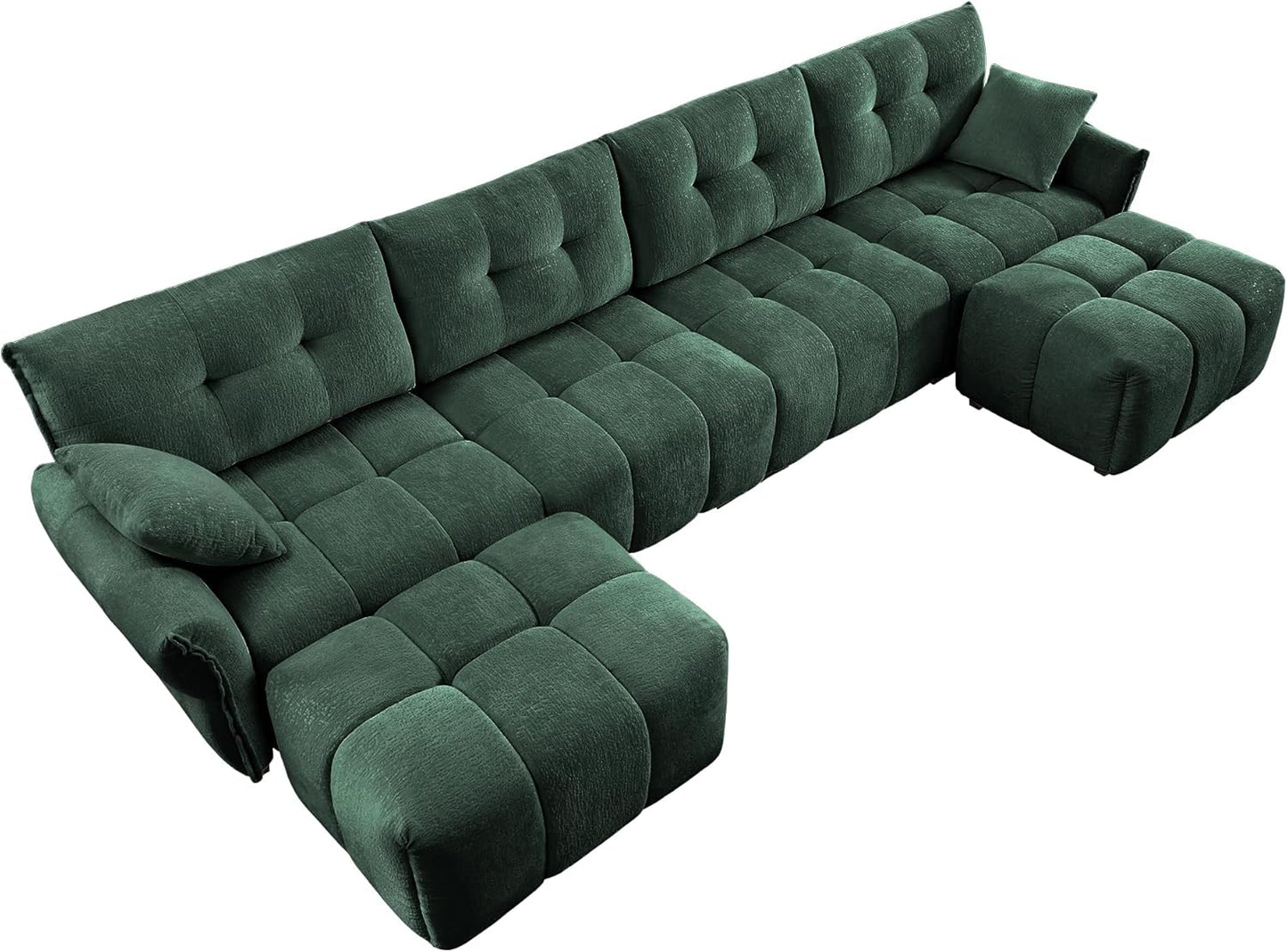 Modern Chenille Fabric 4-Seat Sofa w/Two Ottoman+2 Pillows, Premium Upholstery Living Room Couch with Tufted Backrest & Comfortable Armrests and High-Resilience Memory Foam Cushions,Green