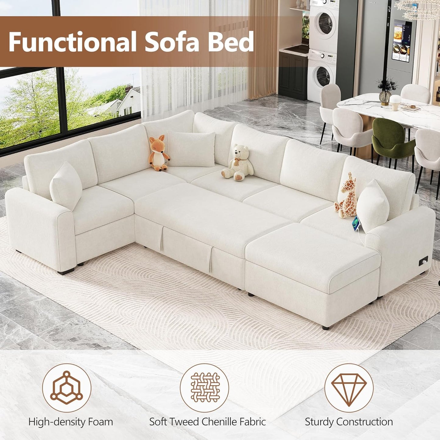 112" Luxurious Pull-out Sofa Bed Sleeper with Storage Ottoman,Sectional Sleeper Couch W/ 3 Pillows,2 USB ports & 2 Power Sockets,Corner Furniture Set for Living Room Large Space,Cream Chenille