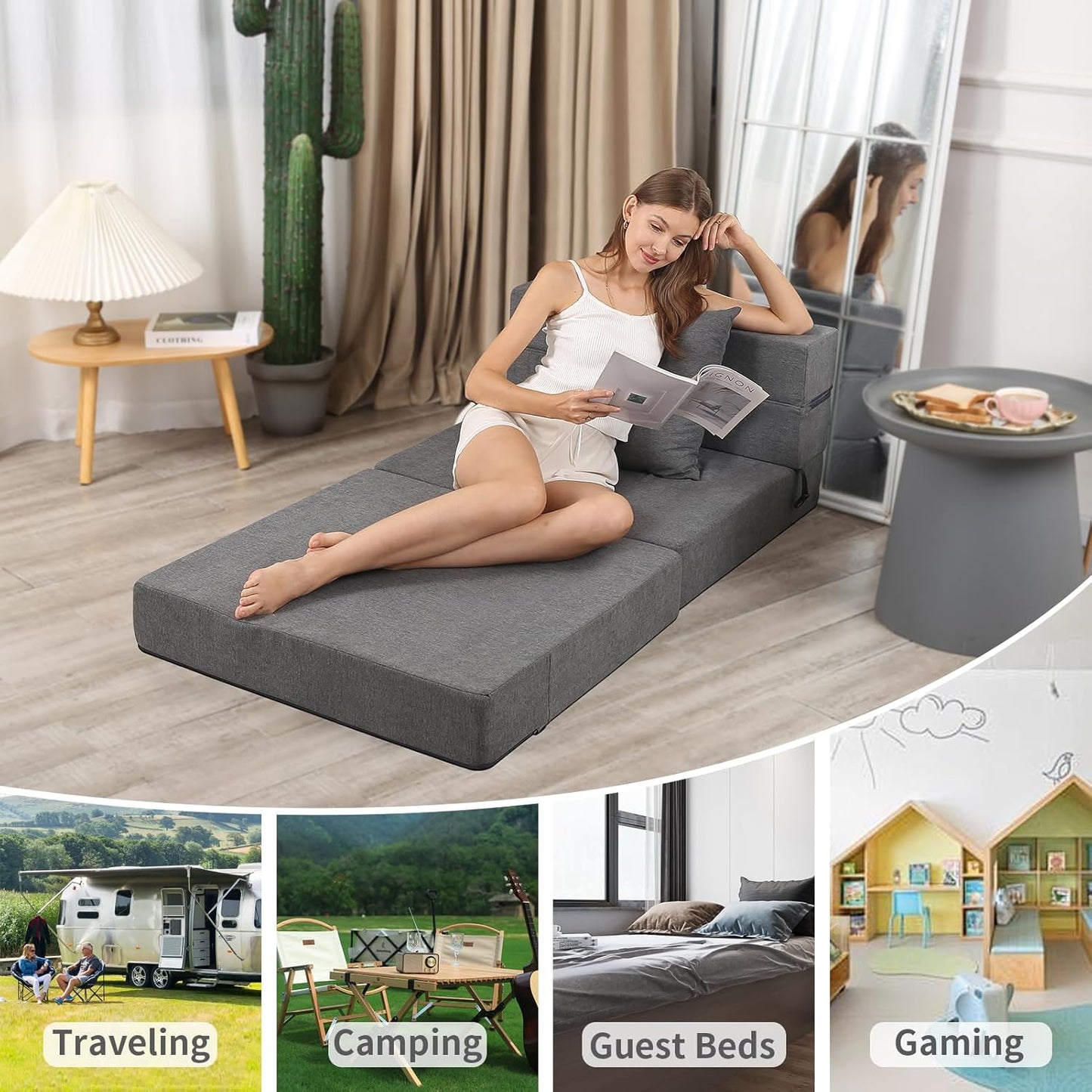 Folding Sofa Bed, High-Density Memory Foam Sofa Bed with a Fluffy Pillow, Floor Couch Guest Bed, Single Size, Dark Grey