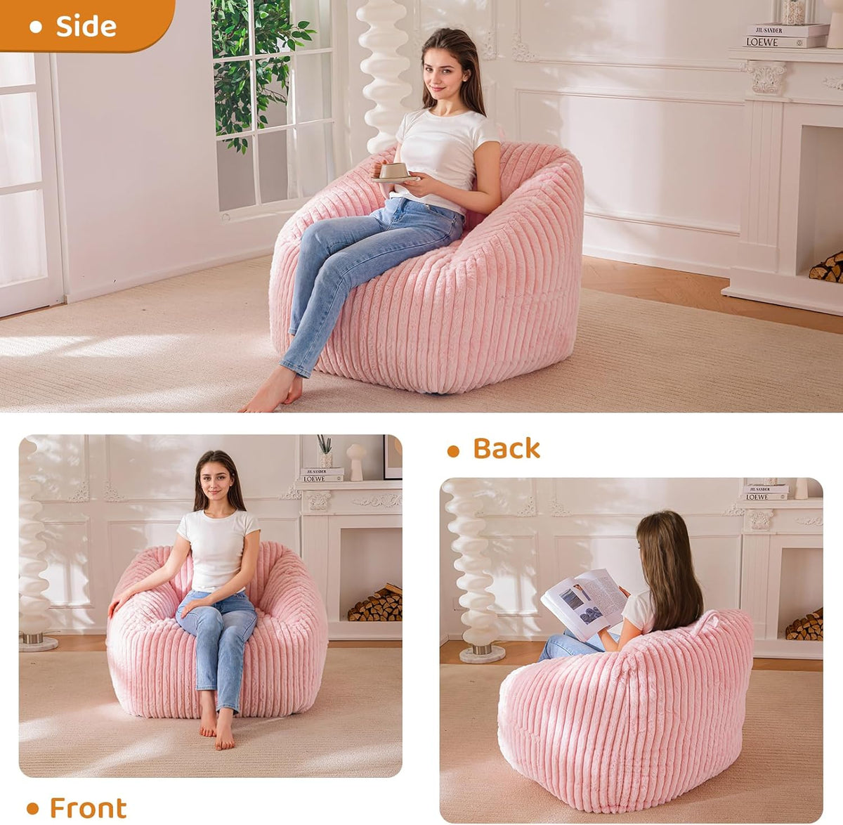 BYBYME Giant Bean Bag Chair for Adults and Kids, Large Comfy Cozy Beanbag, Floor Sofa for Teens, Living Room, Gaming, Reading, Pink