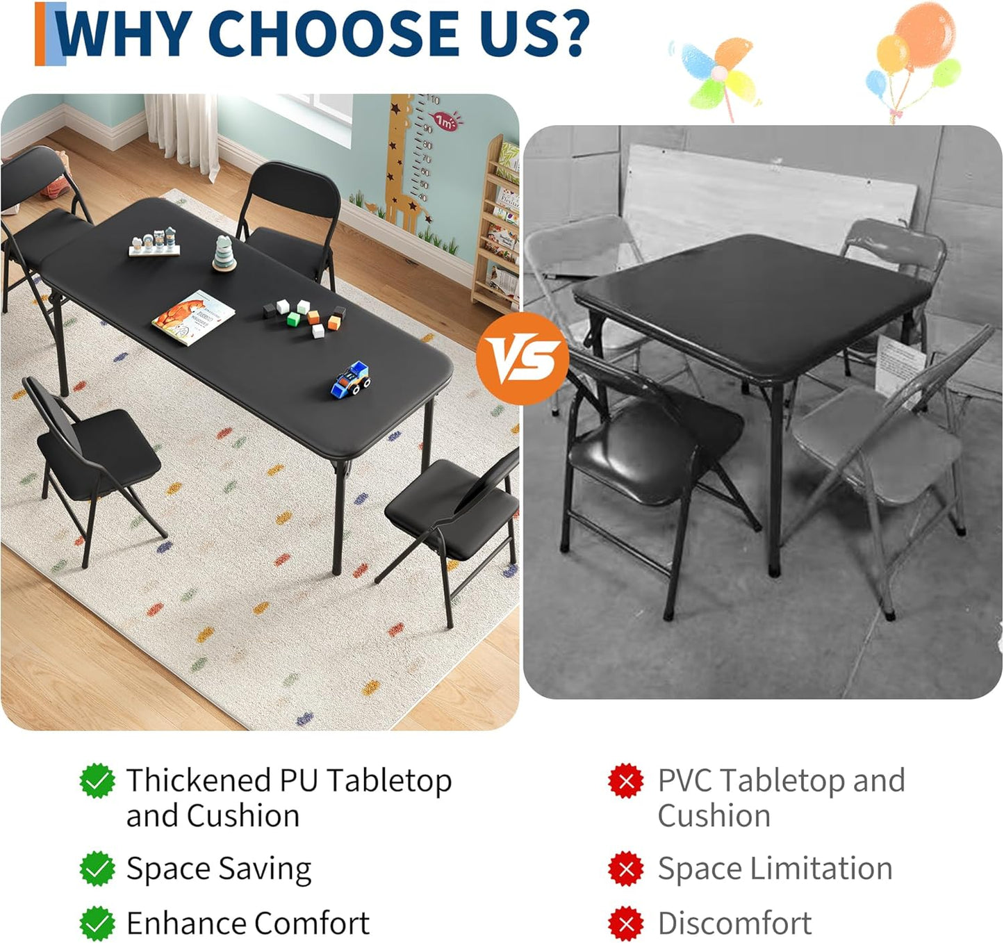 GarveeHome 5-Piece Kids Folding Table and Chairs Set, Toddlers Children's Activity Table and Chairs Set for Dining Room,Daycare,Classrooms
