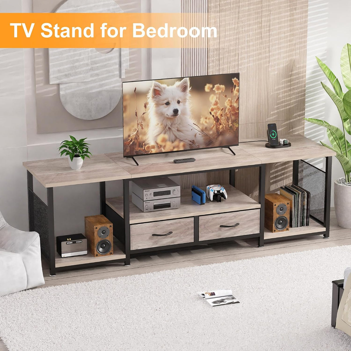 TV Stand with Drawers and Power Outlets for 75 70 65 Inch TV, Entertainment Center with Open Storage Shelves, Media Industrial TV Console Table for Living Room Bedroom Office, Greige