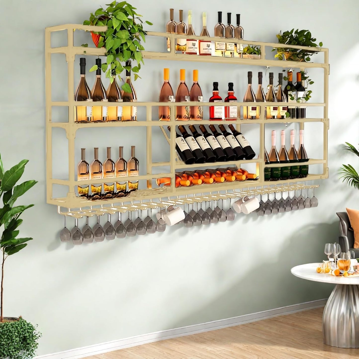 Metal Wall-Mounted Wine Rack with LED Light - 3 Tier Wine Storage Display Rack with Glass Holder - Space-Saving Bottle Display Shelf for Home Bars, Dining Rooms(Gold, 47in/120cm)