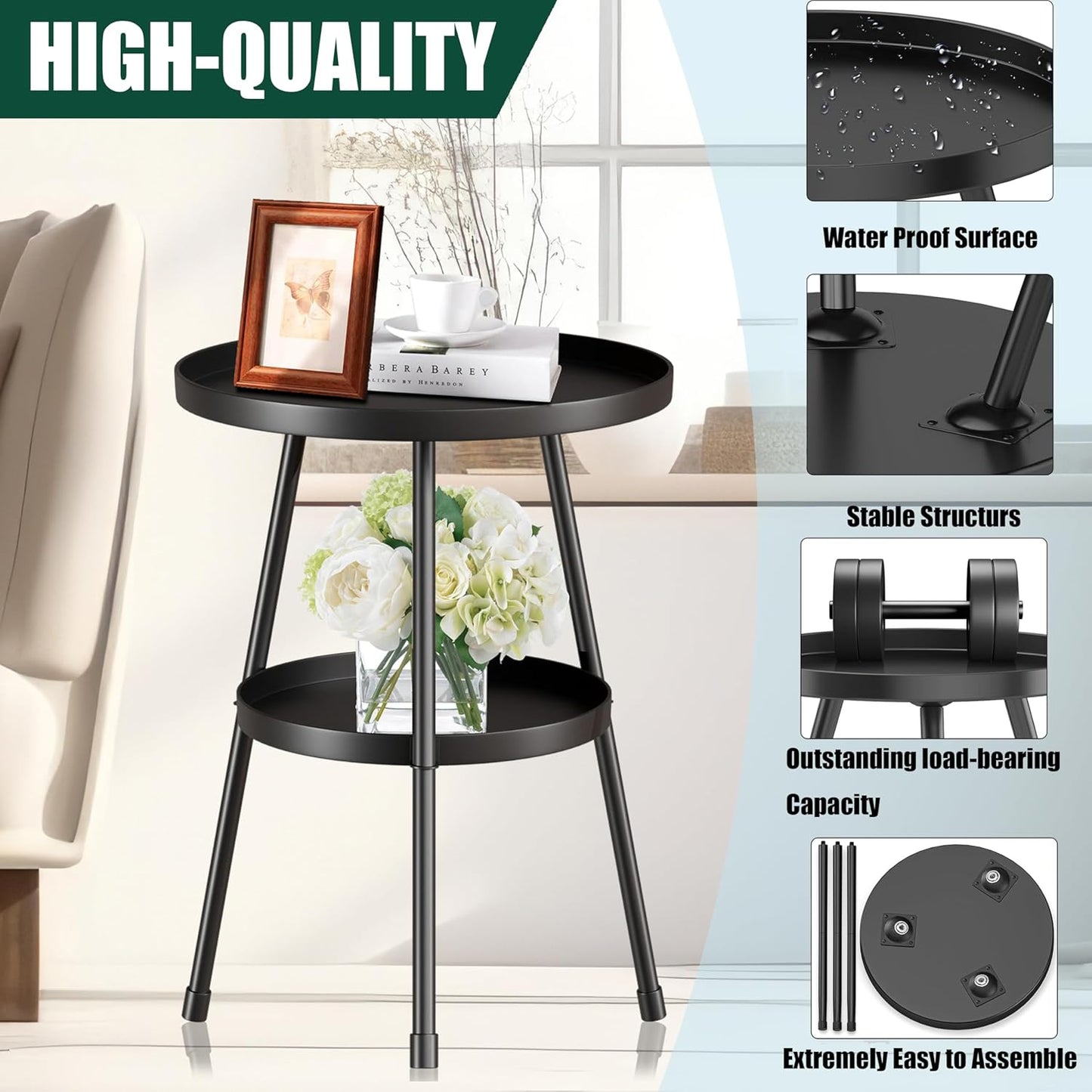 Small Side Table Round 2 Tier End Table Metal Round Coffee Tables Nightstand for Small Spaces Indoor Outdoor and Living Room Bedroom or Office