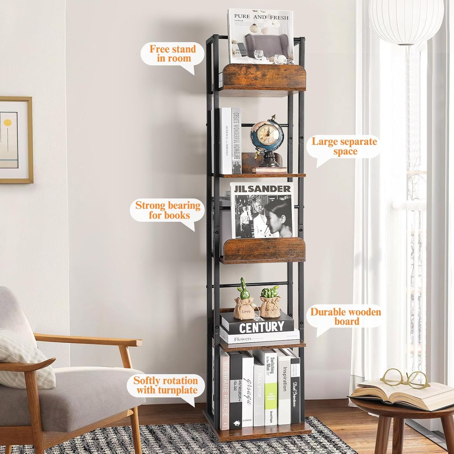 Bikoney Rotating Bookshelf, 360 Display Spinning Bookshelf Tower, 5-Tier Narrow Bookcase, Tall Industrial Book Shelf Organizer, Small Corner Book Shelves for Living Room, Black