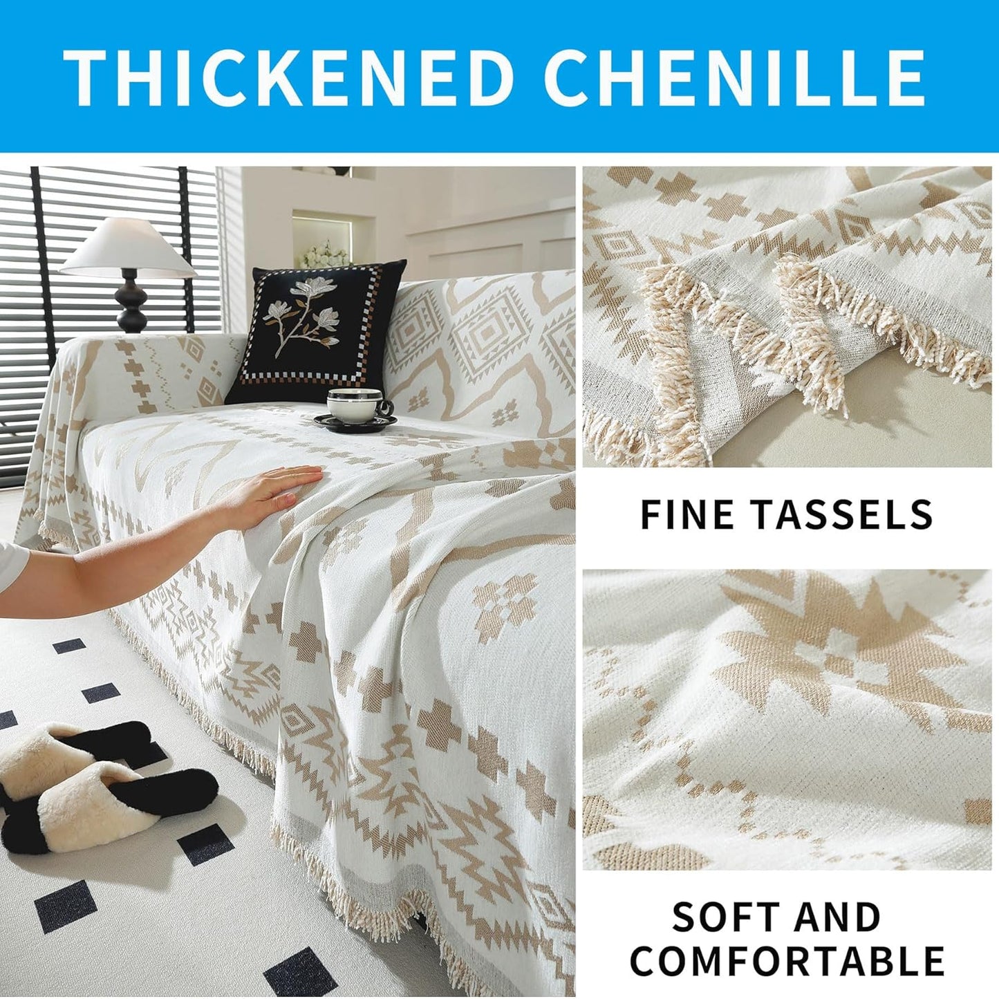 LUFEIJIASHI Boho Couch Covers for Sofa Non Slip Sofa Covers Washable Couch Covers for 3 Cushion Couch Sofa Pet Friendly Sectional Couch Cover Blanket Furniture Protector for Dogs (Khaki, 91"x150")