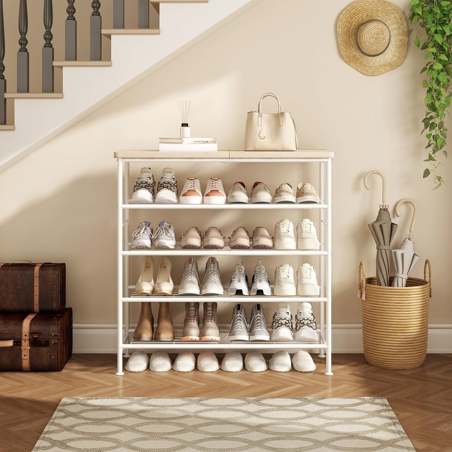 Shoe Rack Organizer 5 Tier for Closet Entryway Free Standing Metal Storage Shoe Shelf with MDF Top Board,White+Oak