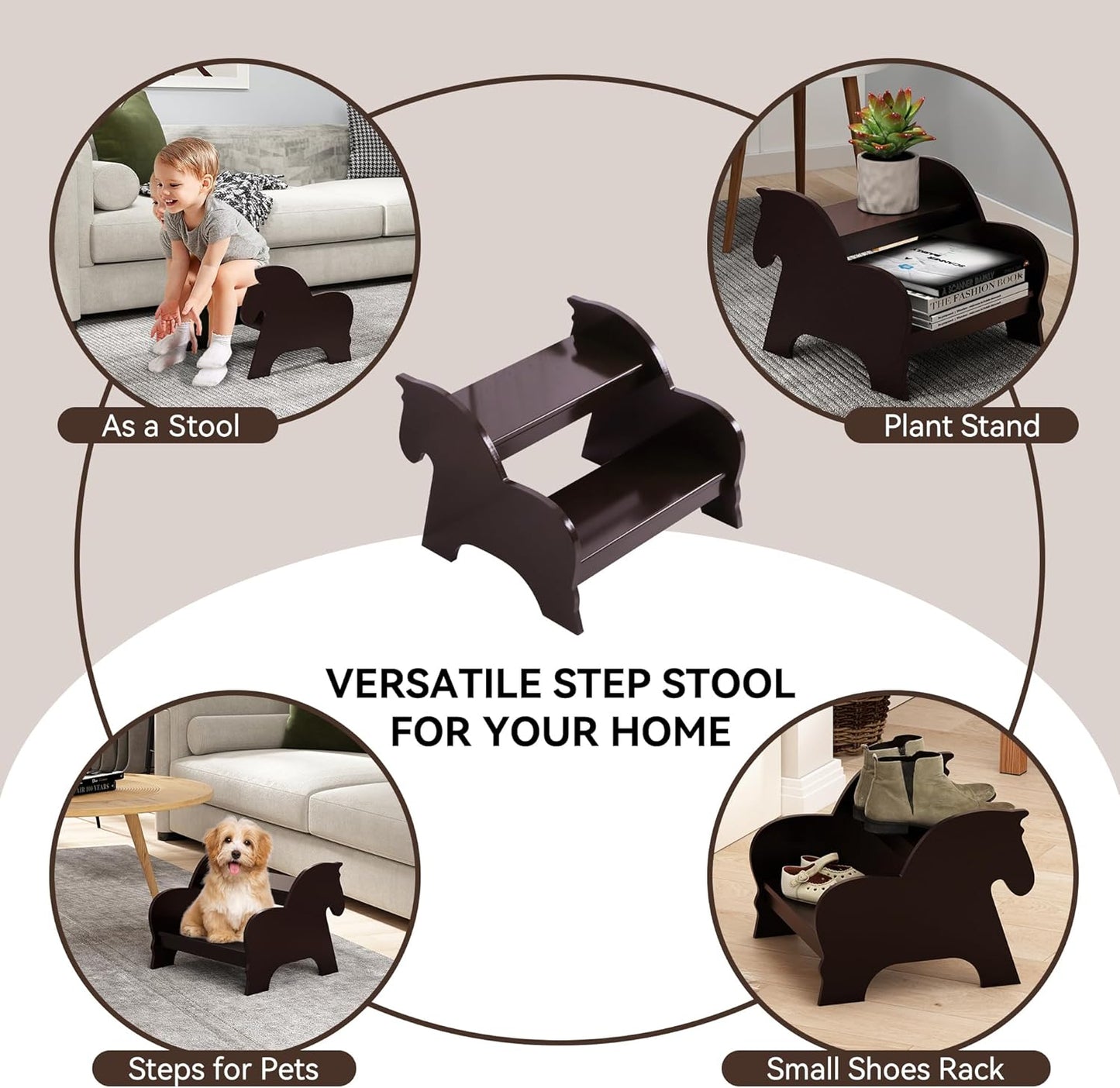 Wood Step Stools for Kids, Child Two Step Stool of Horse Shape, Toddler Step Stools Potty Training Stool, Easy to Move Safety for Kitchen, Bathroom, Bedroom, Toilet
