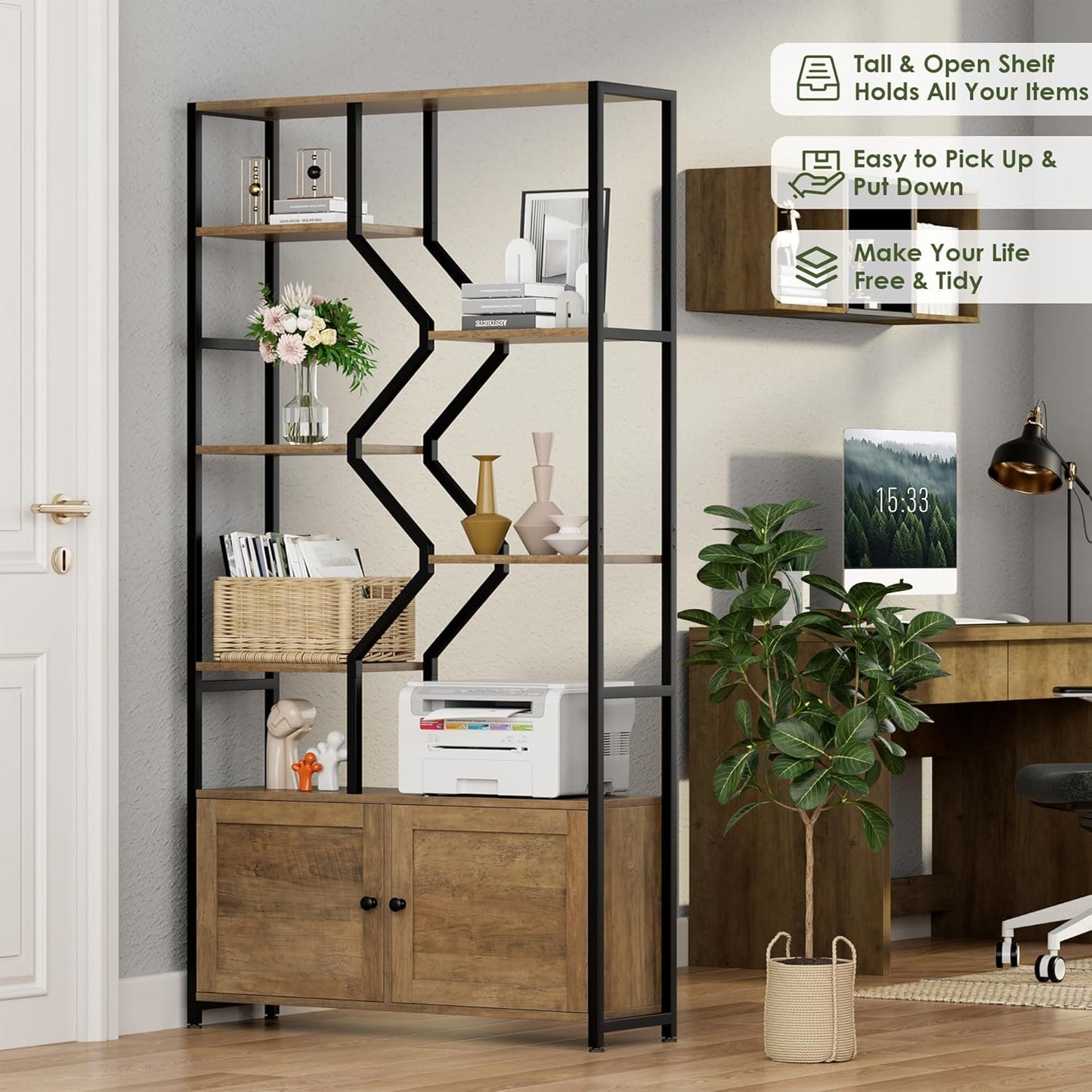 76" Tall Shelf with Storage Cabinet Doors, 6 Tier Open Bookshelf for Multi-use Display, Staggered Book Shelf Etagere Bookcase for Home Office/Living Room, Deep Metal & Wood Accent Shelf, Rustic Brown