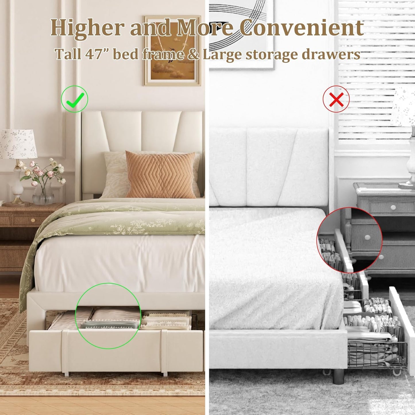 Full Bed Frame with Storage Drawers, Upholstered Platform Bed with Headboard and Wingboard, No Box Spring Needed, Noise Free, Easy Assembly, Wooden Support Slats, Beige