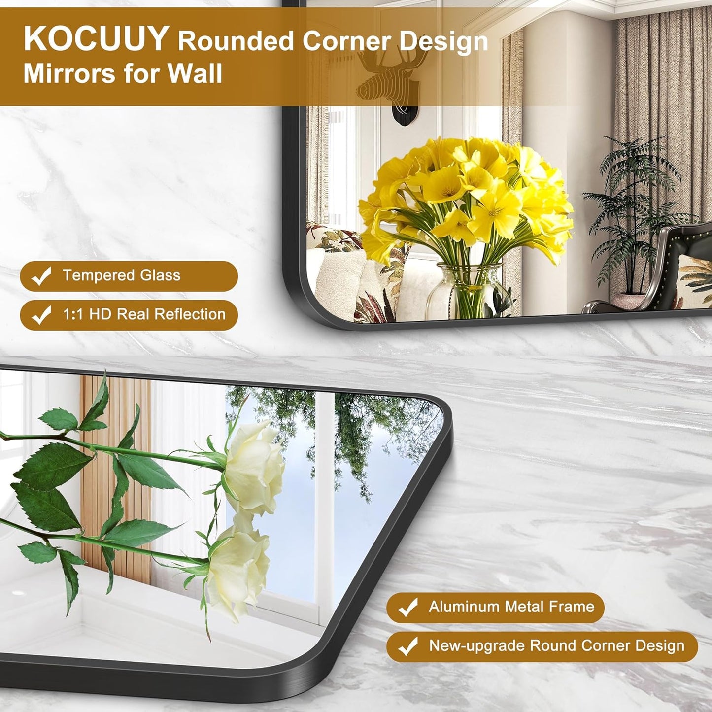 KOCUUY 30"x30" Square Rectangle Vanity Mirror, Black Metal Frame Mirror with Rounded Corner, Modern Design of Upgraded Shatterproof Glass for Bathroom, Bedroom, Living Room, Entryway