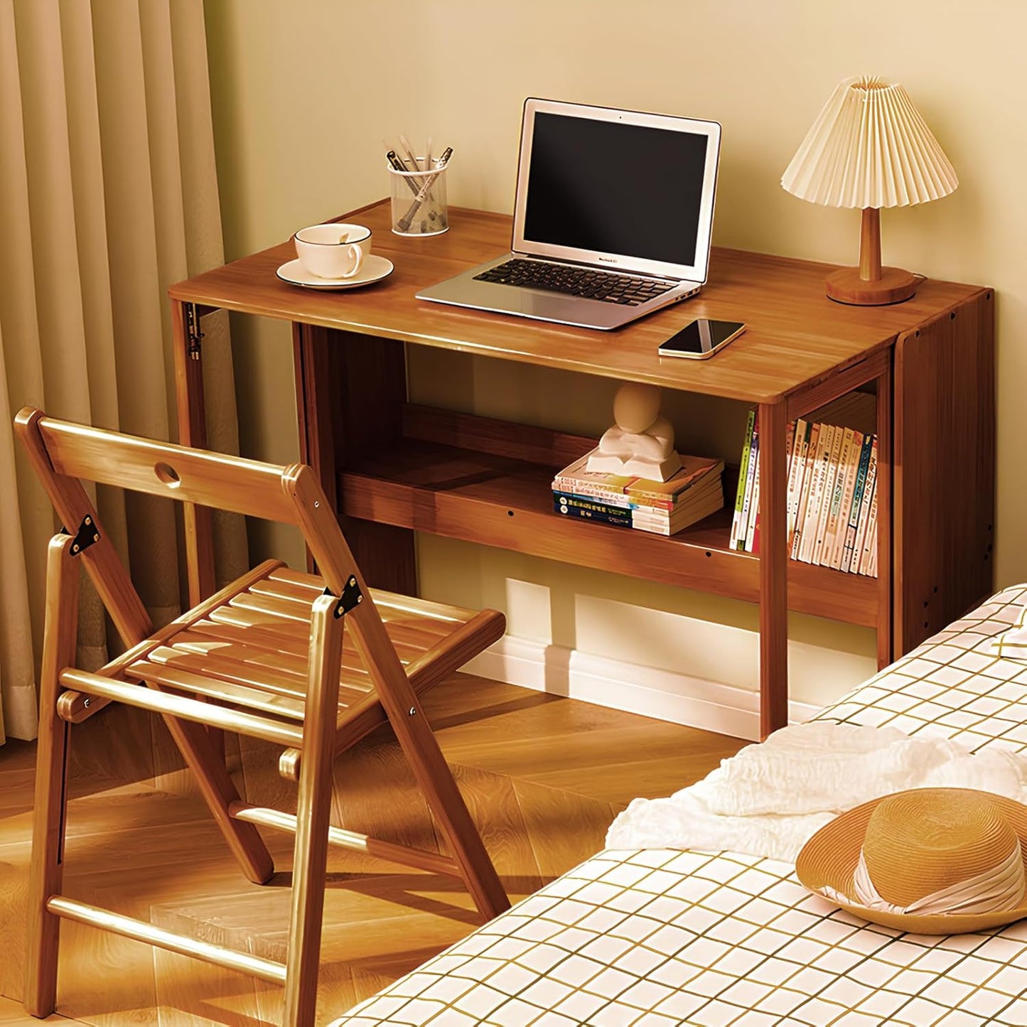 Bamboo Folding Desk Mid Century Modern Desk for Home Office Bedroom Small Spaces, Brown,40.55" Long Desktop