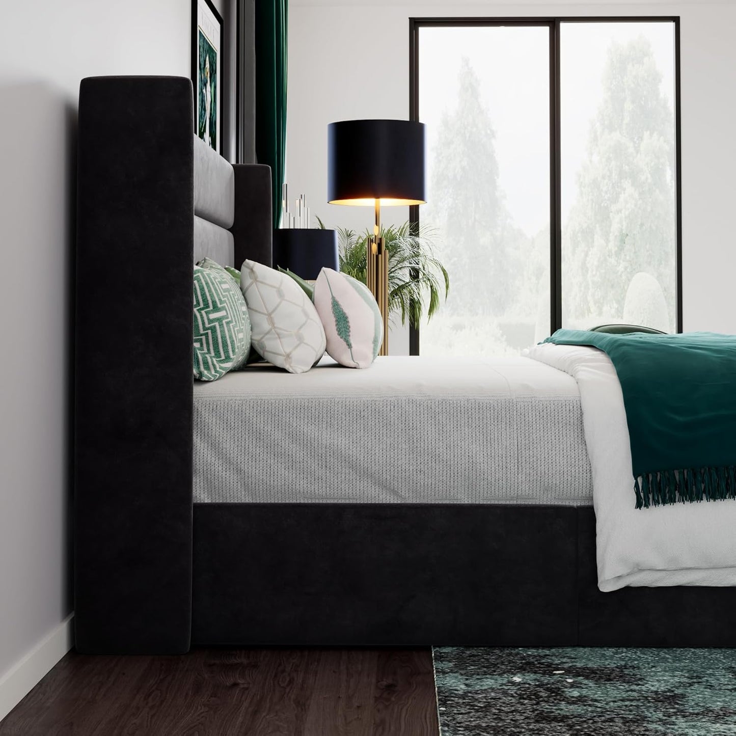 SHA CERLIN King Size Lift Up Storage Bed/Velvet Upholstered/Modern Wingback Headboard/Upholstered Platform Bed Frame/Hydraulic Storage/No Box Spring Needed/Black