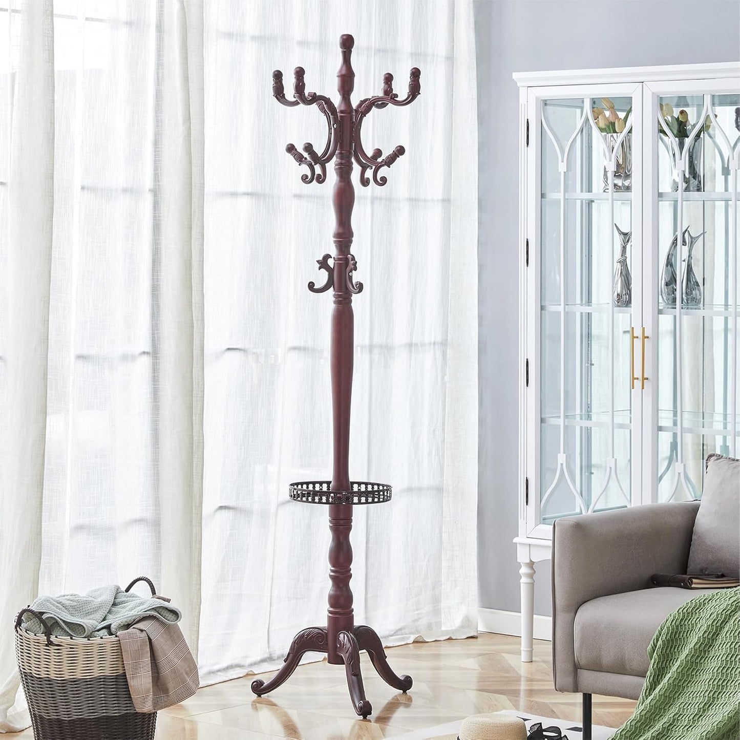 Solid Wood Coat Rack Freestanding, 77" Adjustable Hall Tree Hanger With Hooks, Coat Hanger Stand for Hanging Clothes Bags Hats in Living Room Bedroom