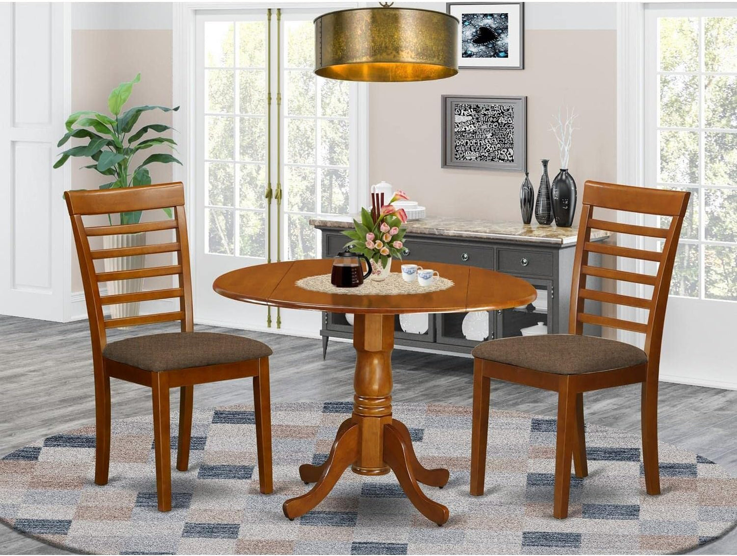 East West Furniture DLML3-SBR-C 3 Piece Dining Set Contains a Round Dining Room Table with Dropleaf and 2 Linen Fabric Upholstered Kitchen Chairs, 42x42 Inch, Saddle Brown