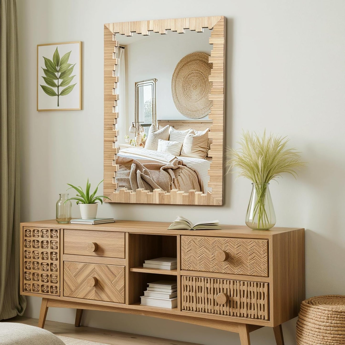 Boho Wall Mirror with Wood Frame, 36"x24" Faux Rattan Decorative Vanity Mirror for Bathroom, Living Room, Bedroom, Entryway(Rectangle)