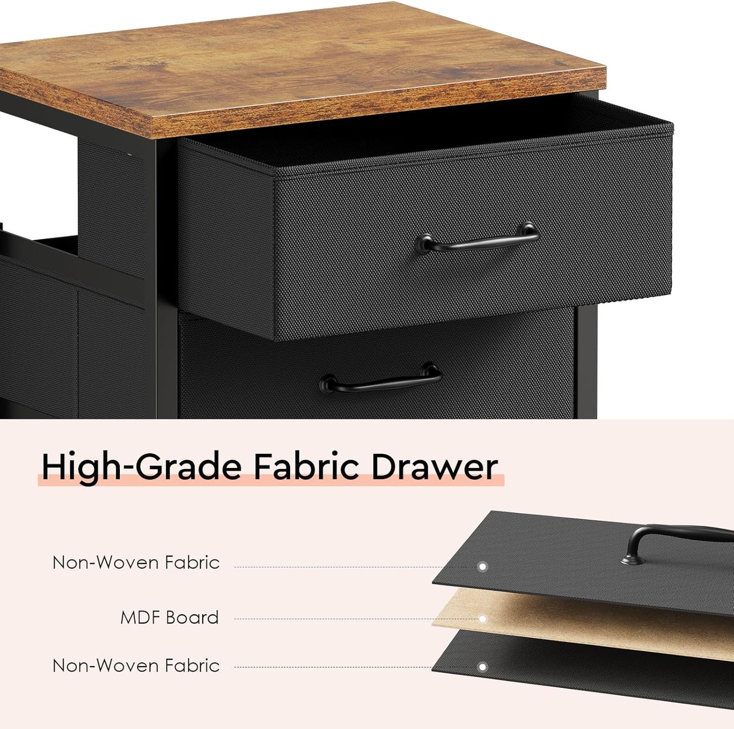 3 Drawer Mobile File Cabinet with Wheels Fabric Vertical Filing Cabinet fits A4 or Letter Size for Home Office,Rustic Brown