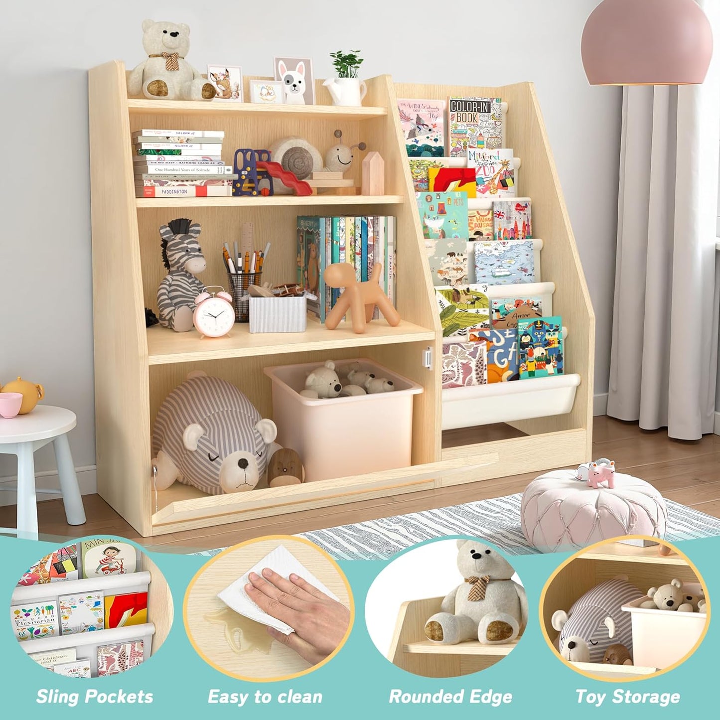 TOETOL 3 Tier Kids Bookshelf and Book Storage,6 Sling Toddler Bookshelf, Storage Boxes Book Shelf & Organizer for Nursery Playroom Classroom Library Bedroom Natural Wood