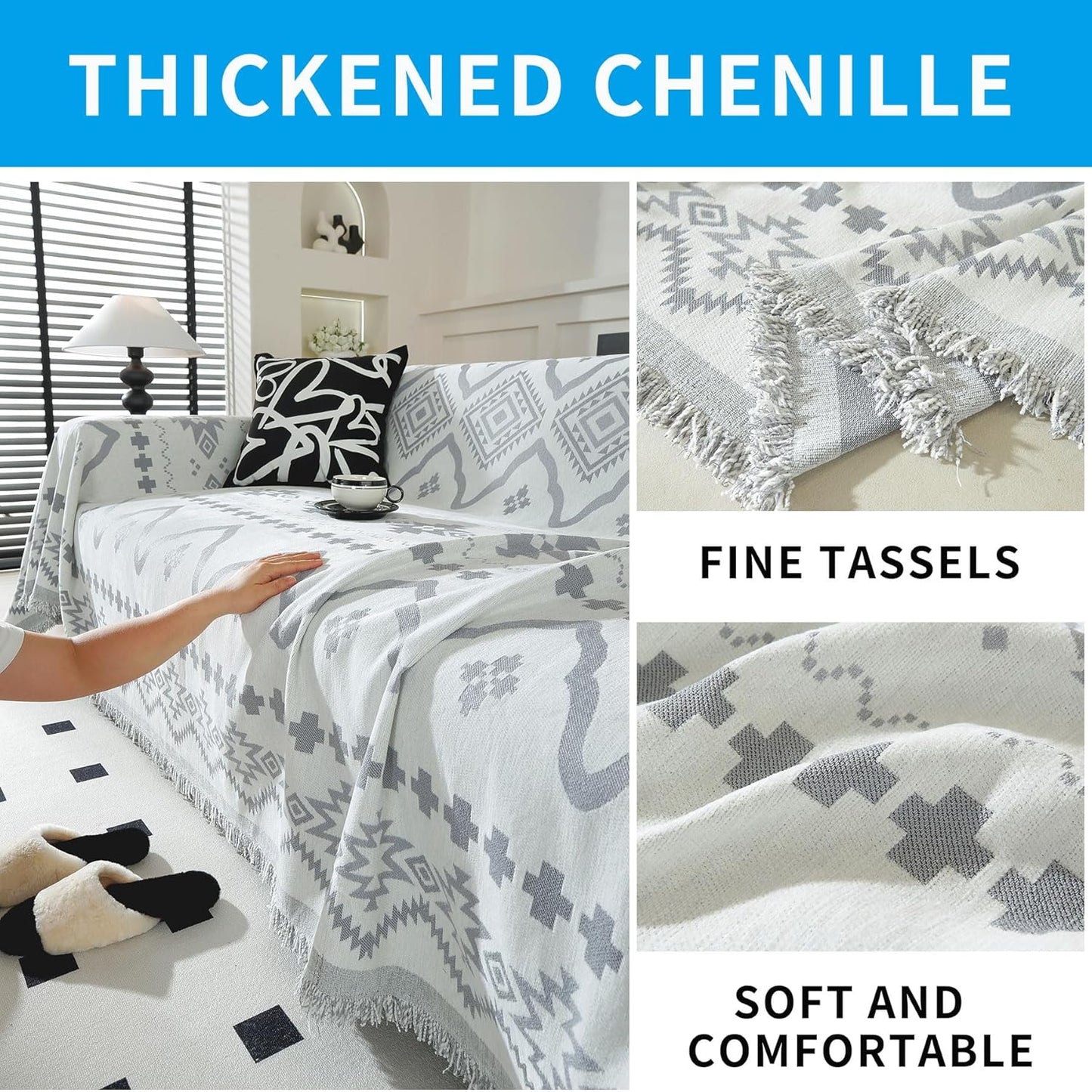LUFEIJIASHI Boho Couch Covers for Sofa Non Slip Sofa Covers Washable Couch Covers for 3 Cushion Couch Sofa Pet Friendly Sectional Couch Cover Blanket Furniture Protector for Dogs (Grey, 91"x118")