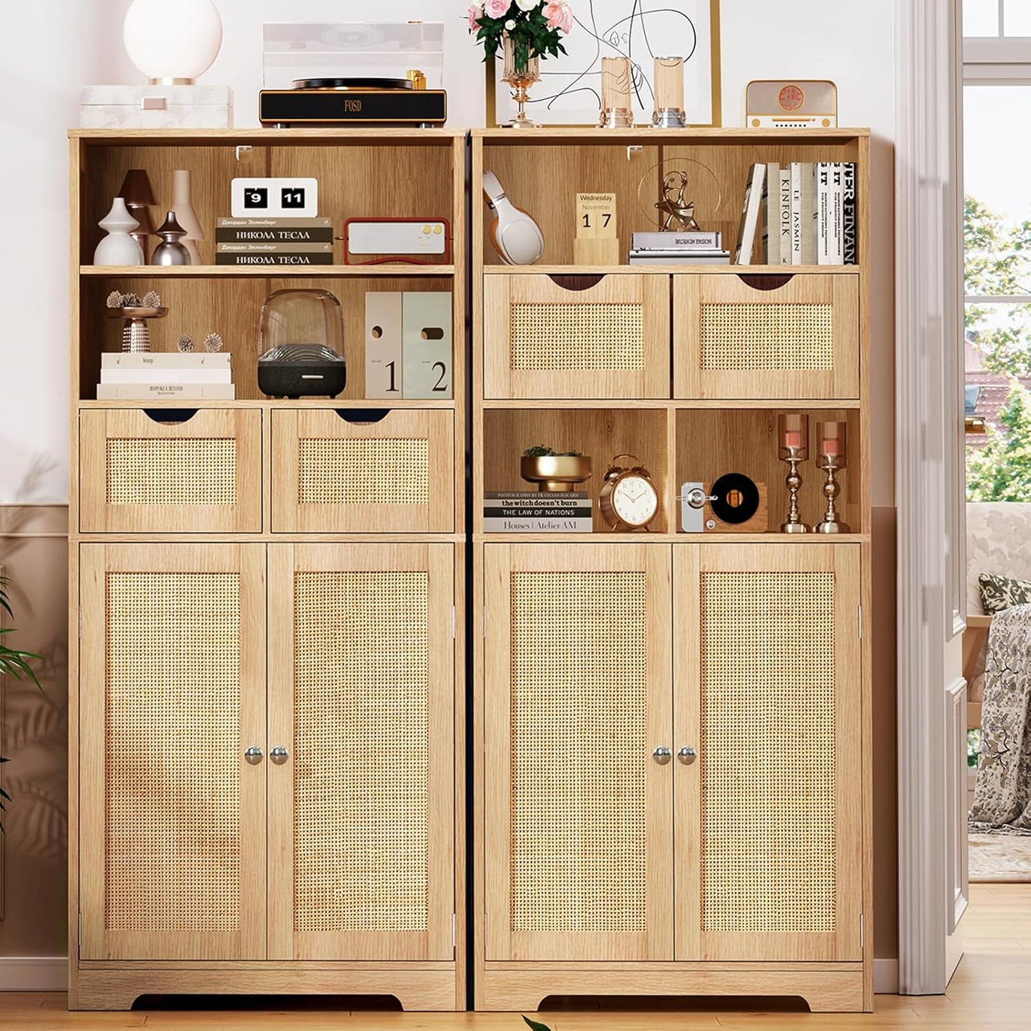 Iwell Tall Storage Cabinet, Rattan Cabinet with 2 Drawers & Adjustable Shelf, Kitchen Pantry Storage Cabient, Entryway Cabinet for Living Room, Dining Room, Home Office, Natural