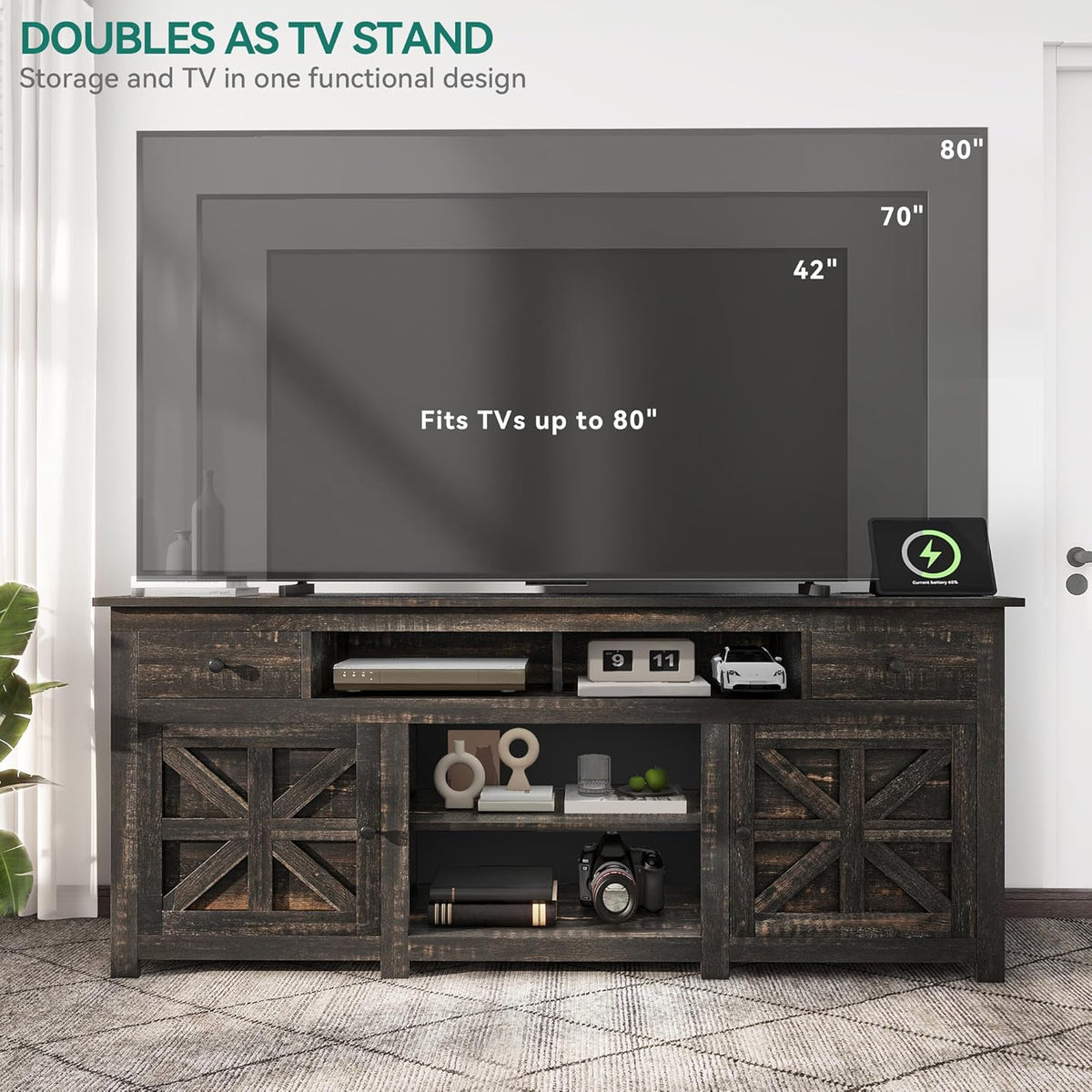 YITAHOME TV Stand for 75/80 Inch TV, Entertainment Center, TV Cabinet with Drawers and Power Outlet, Dark Rustic Oak TV Console for Living Room Furniture (70 Inch Lenght 30 Inch High)