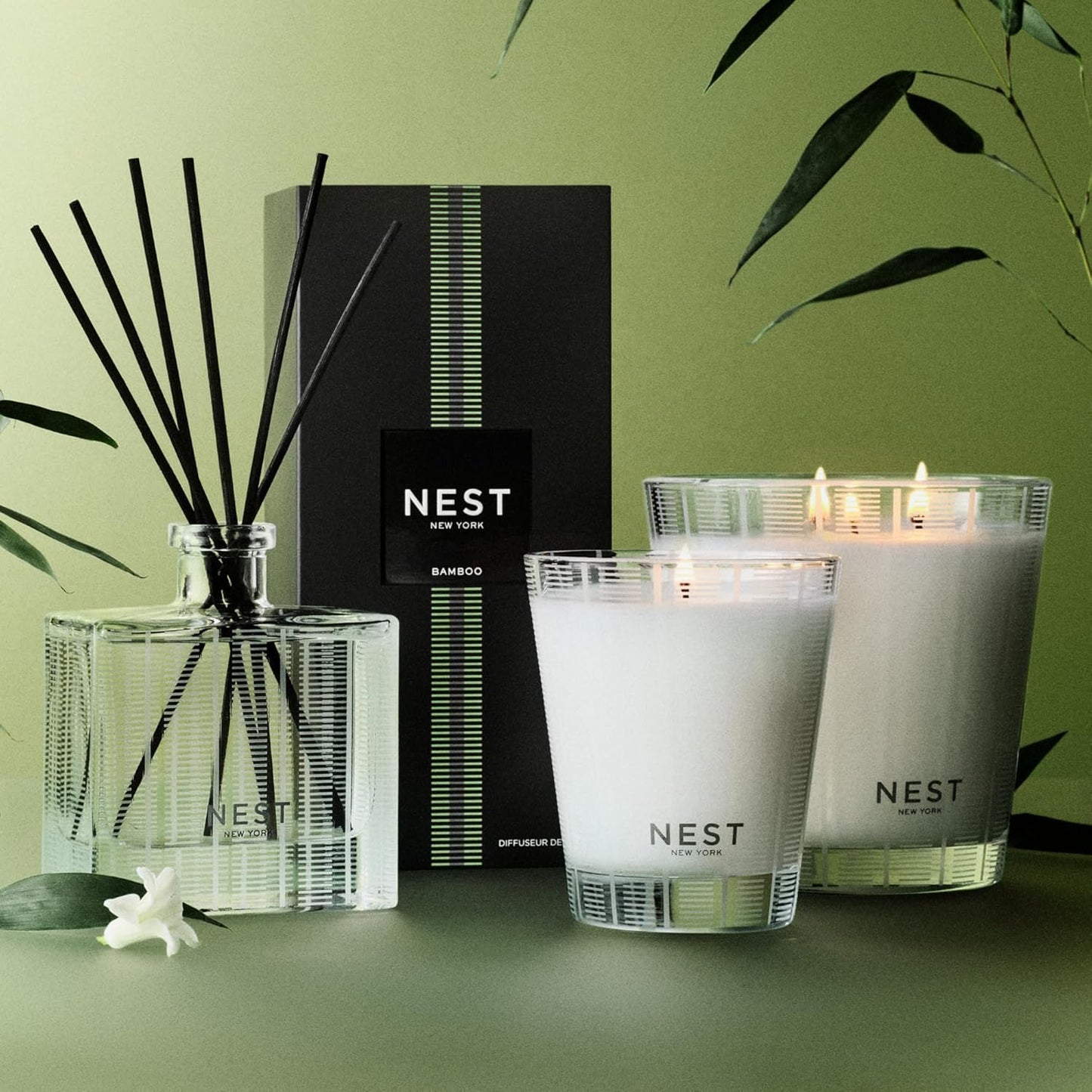NEST New York Reed Diffuser, Bamboo - 5.9 fl oz - Fragrance for Up to 90 Days - Reusable, Refillable Glass Holder - Includes 8 All-Natural Reed Sticks - Flame Free