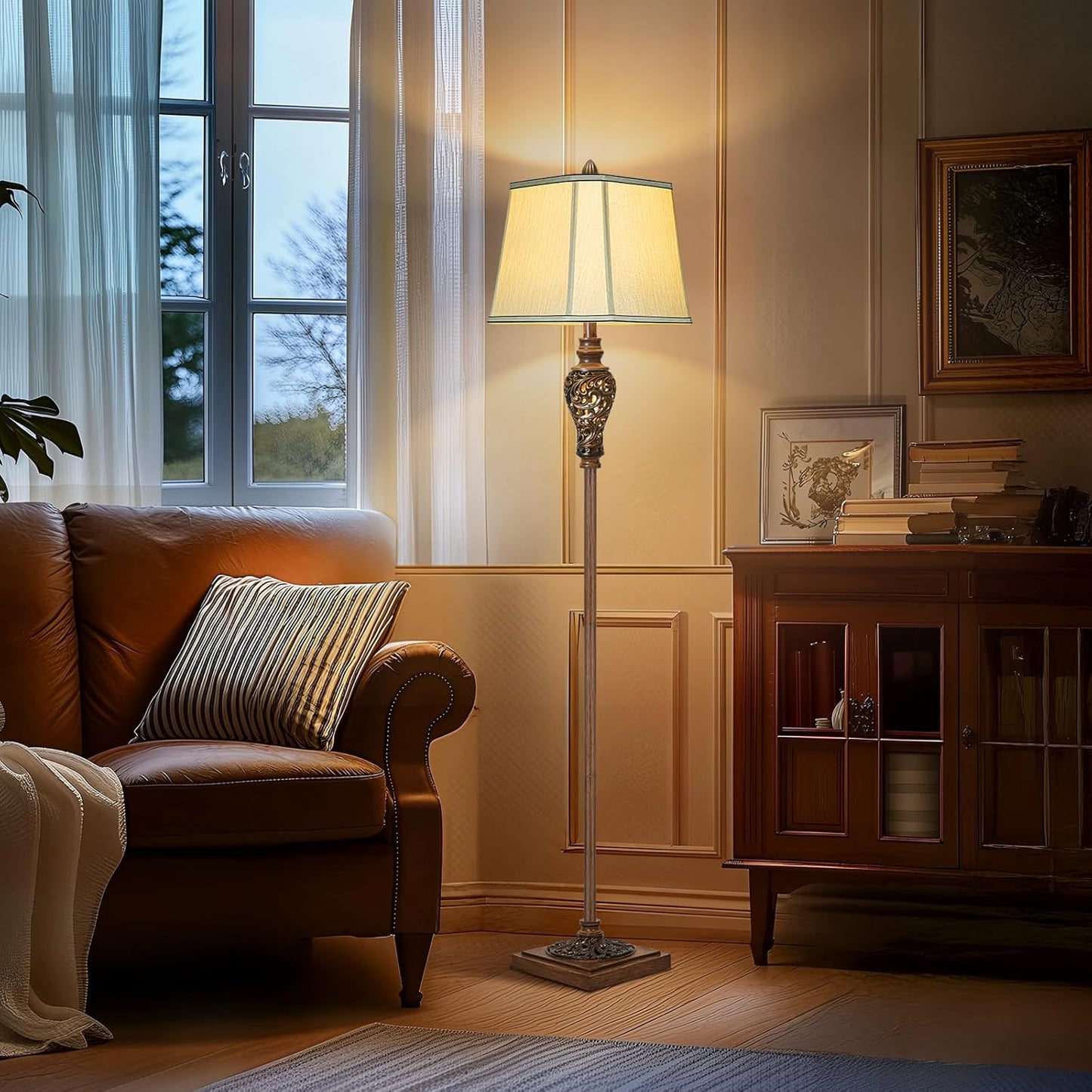 Vintage Floor Lamp with Nightlight, 65" Rustic Standing Lamp with Beige Faux Silk Shade, Farmhouse Style Design Tall Lamp Decor for Living Room Bedroom Study Home Office Corner- Bronze (Bulb Included)