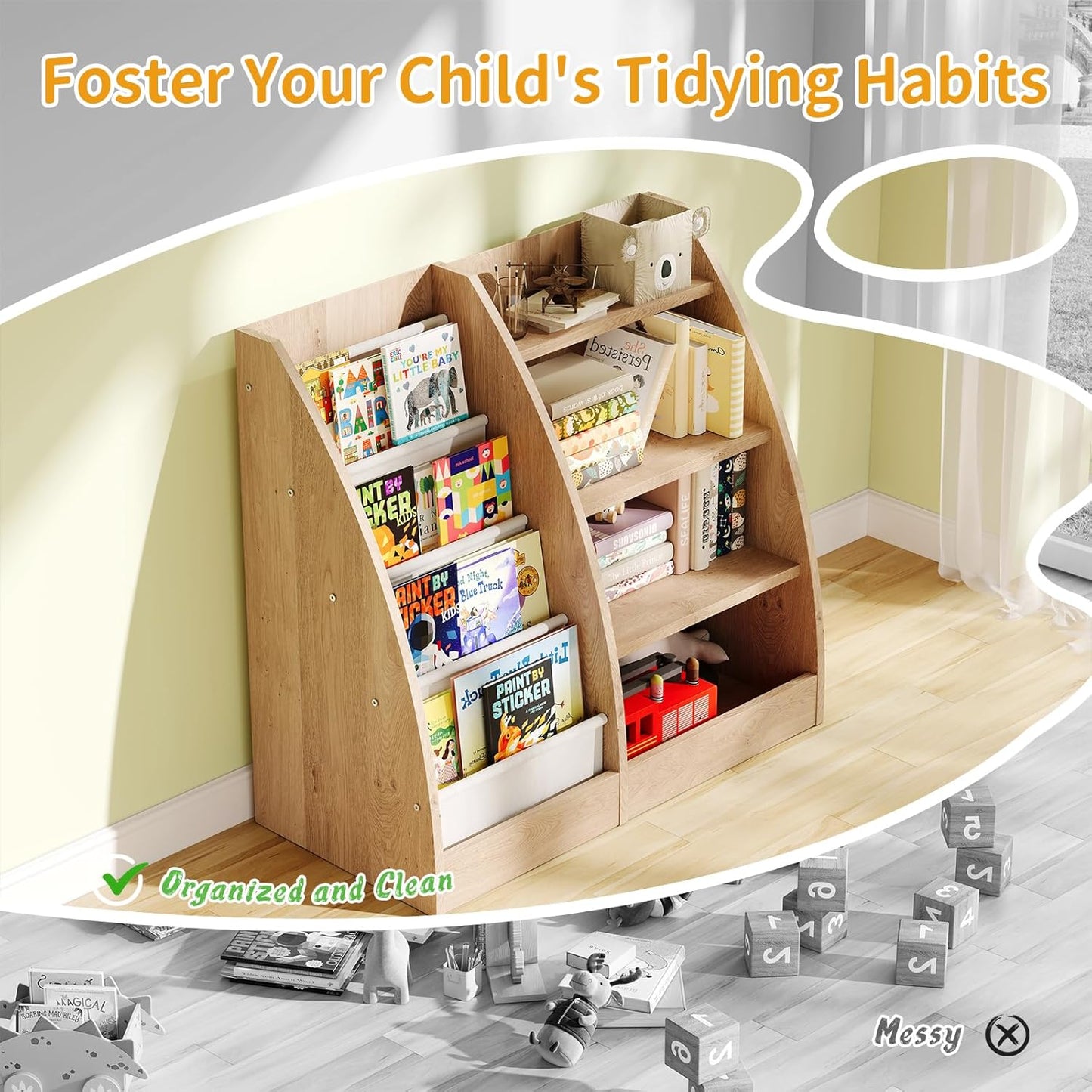 4 Tier Kids Bookshelf,4 Layer Sling Kids Book Shelf for Kids Rooms,Wood Children Bookcase,Baby Storage Book Rack,Toddler Bookshelf, Book and Toy Organizer,Book Display Shelf for Bedroom, Nursery