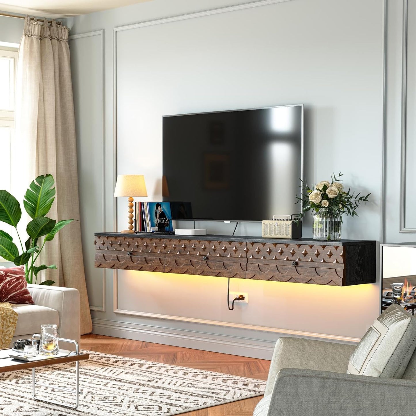 Fully-Assembled Floating TV Stand, Vintage Carved Floating Entertainment Center with Flip-Down Doors & Drawer, Walnut Wood Media Console Shelf Cabinet Under TV Storage for Living Room, 70IN