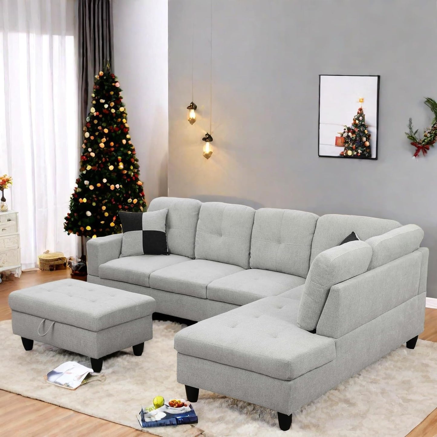 L Shaped Sectional Couch with Otttoman, 103" Sectional Sofa for Living Room Flannel Modular Couches with Cup Holders for Bedroom, Apartments, Light Grey