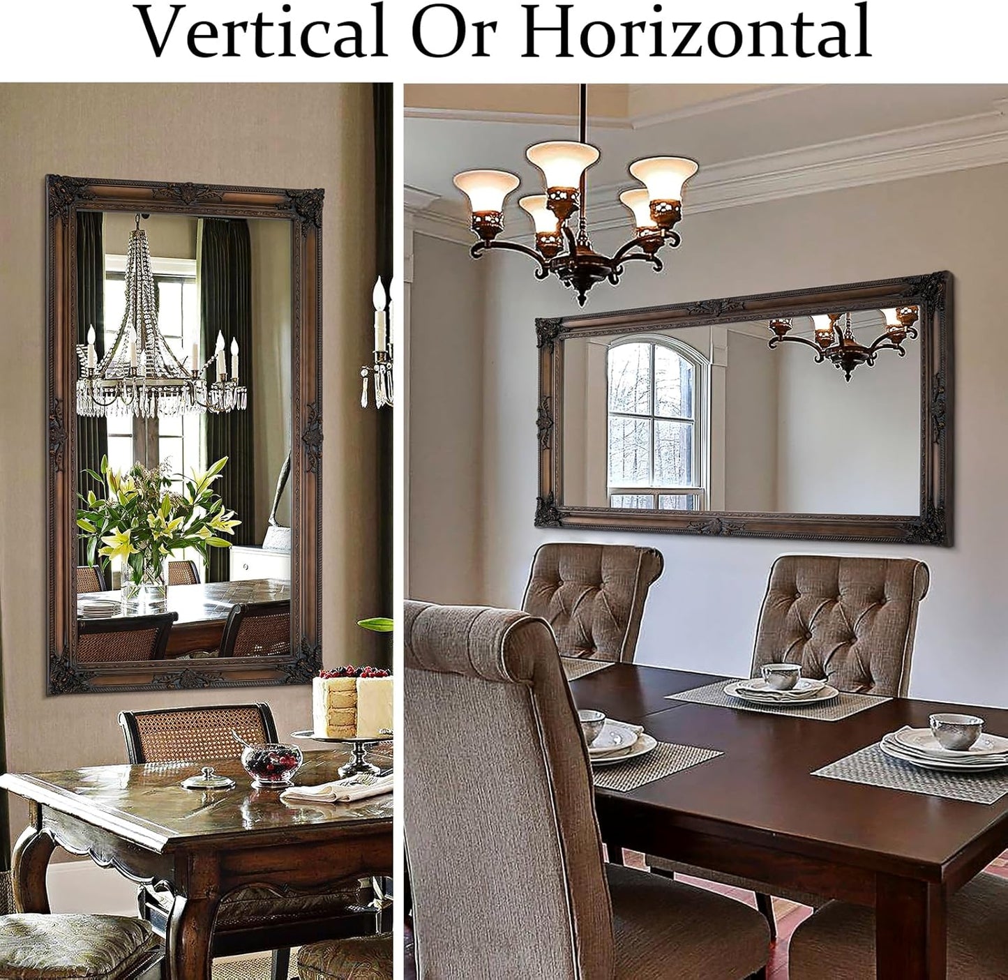 Large Bronze Mirror, 53''x29.5''Vintage Mirrors with Ornate Wooden Frame, Decorative Mirror for Living Room Dining Room Hallway, Horizontal/Vertical