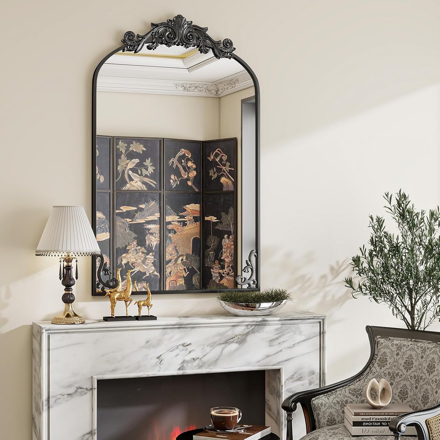 26x38 inch Vintage Arched Bathroom Mirror - Gorgeous Wall Vanity Mirror with Beautiful Retro Top and Bottom Engraving Process Frame for Entryway Hallway Living Room, Black