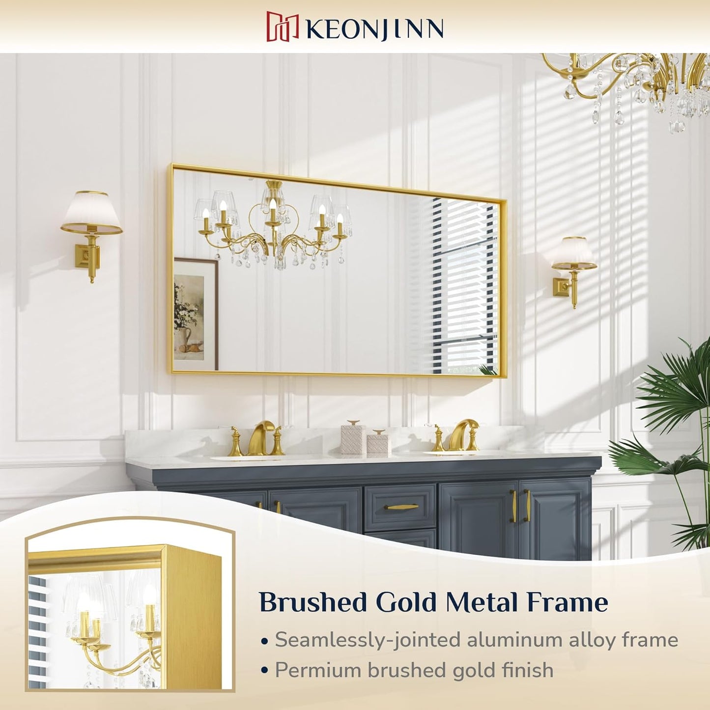 Keonjinn Gold Bathroom Vanity Mirror 55" x 30" Rectangle Large Wall Mirror Metal Framed Brushed Gold Rectangular Modern Farmhouse Mirrors for Over Sink(Horizontal/Vertical)