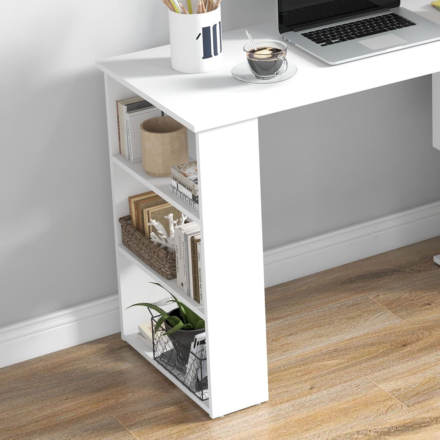 HOMCOM L Shaped Desk, Corner Computer Desk, 360 Degree Rotating Home Office Desk with Storage Shelves, Writing Table Workstation, White