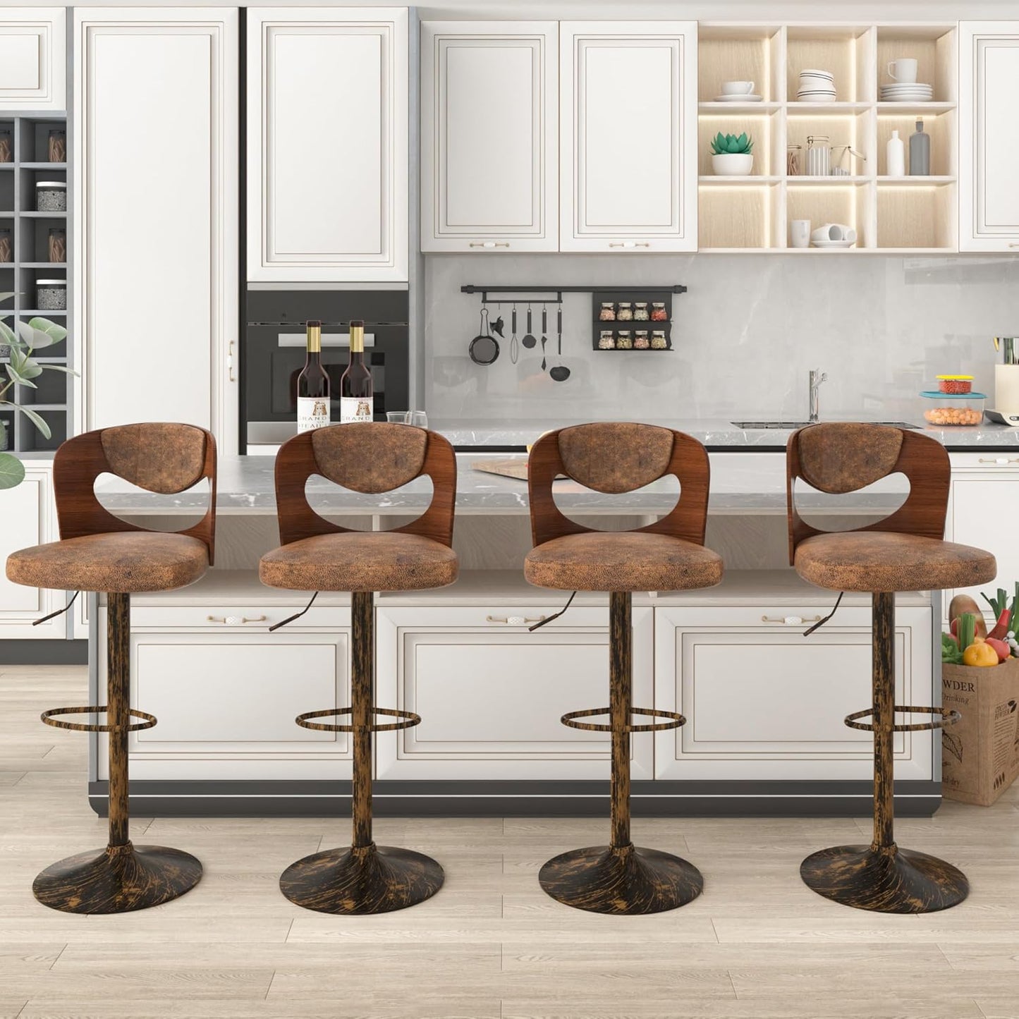 VECELO Bar Stools Set of 2,Kitchen Island Stools with Bentwood Back,Arm&Footrest,Counter Height Stools PU Leather Adjustable Height,Swivel Bar Chairs for Club Pub Dining Room,Dark Brown