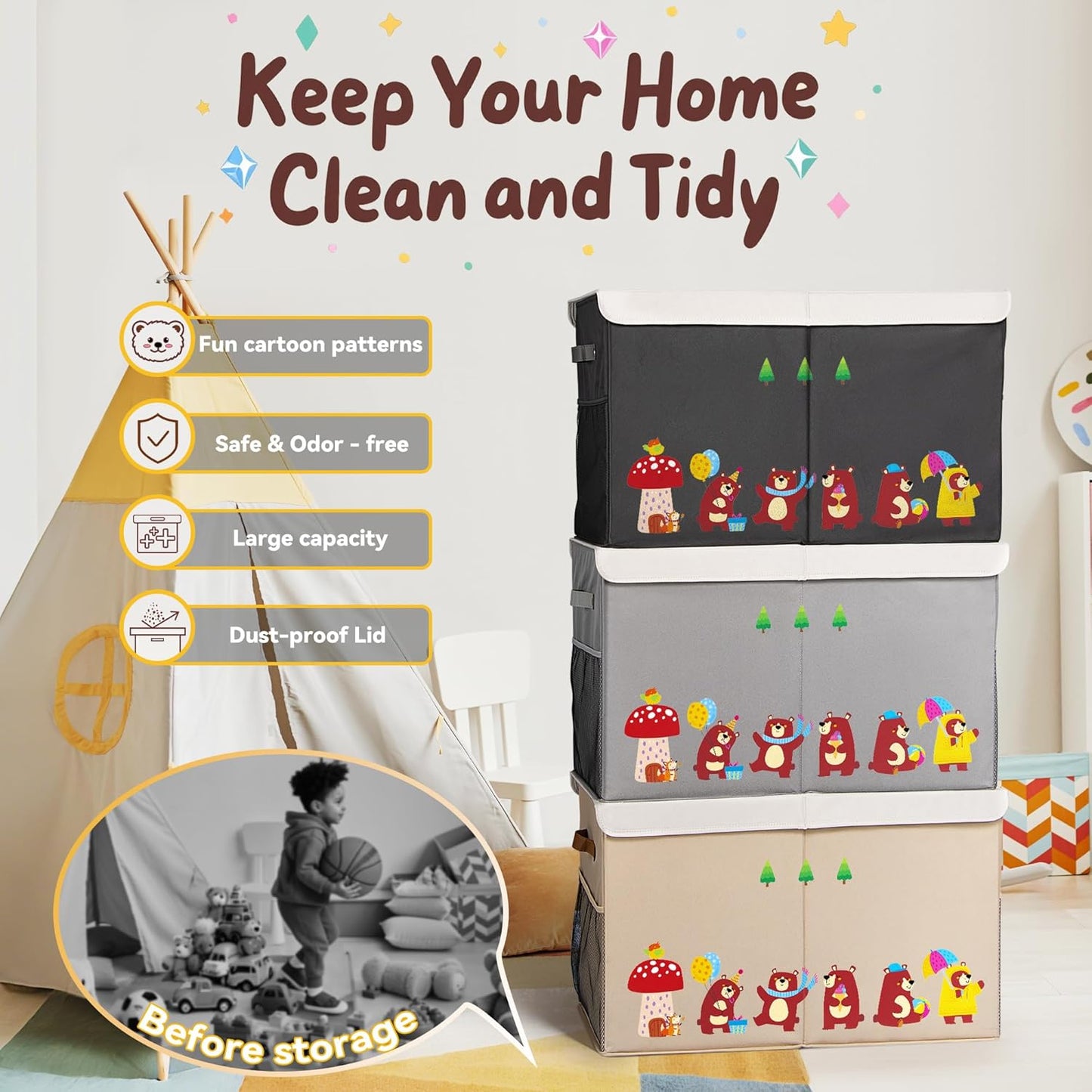 80L Large Toy Storage Box with Lid, Large Toy Box Chest for Kids, Girls and Boys, Nursery Room and Living Room, 26"x13" x16" (grey-bear)