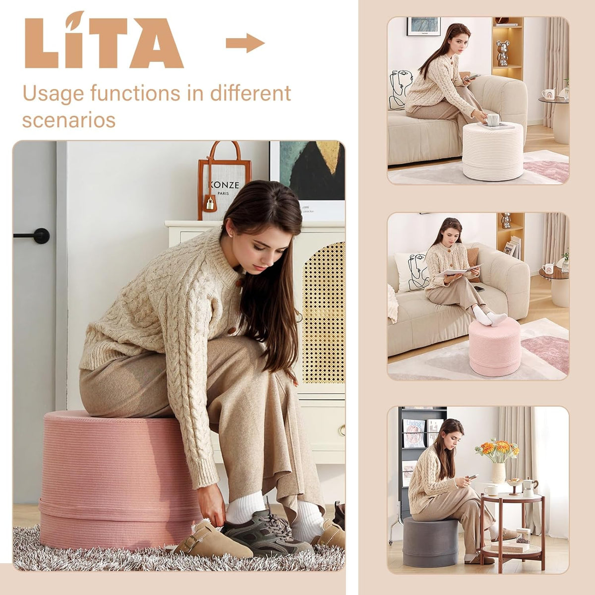 LITA Round Stuffed Pouf Ottoman, Corduroy Poufs with High-Density Foam Filling and Washable Cover, Furry and Fluffy Bean Bag Foot Stools Ottoman for Living Room, Bedroom, Office, Pink