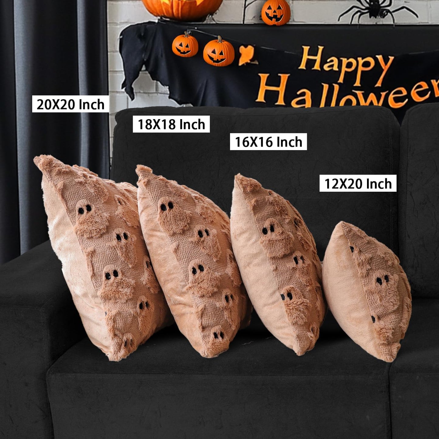 4TH Emotion Halloween Ghost Decorative Pillow Covers 18x18 Set of 2, Light Brown Soft Plush Faux Fur Farmhouse Throw Cushion Cases for Fall Autumn Holiday Home Decorations