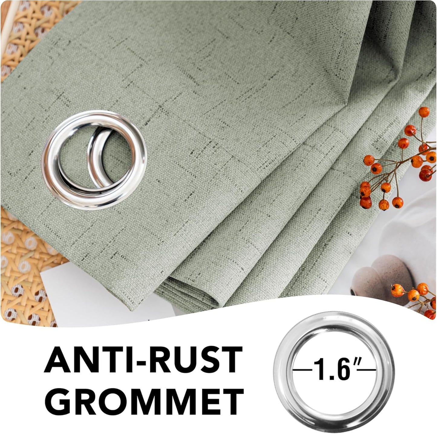 H.VERSAILTEX Linen Blackout Curtains 63 Inches Long 100% Absolutely Blackout Thermal Insulated Textured Linen Look Curtain Draperies Anti-Rust Grommet, Energy Saving with White Liner, 2 Panels, Sage