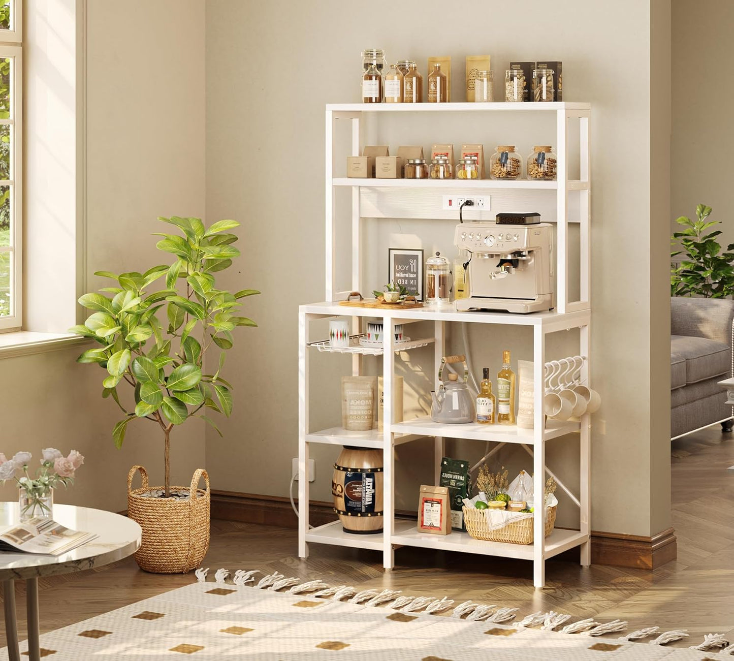 SUPERJARE Bakers Rack with Power Outlet, 35.4 Inches Coffee Bar with Wire Basket, Kitchen Microwave Stand with 6 S-Shaped Hooks, Open Storage Shelves, White