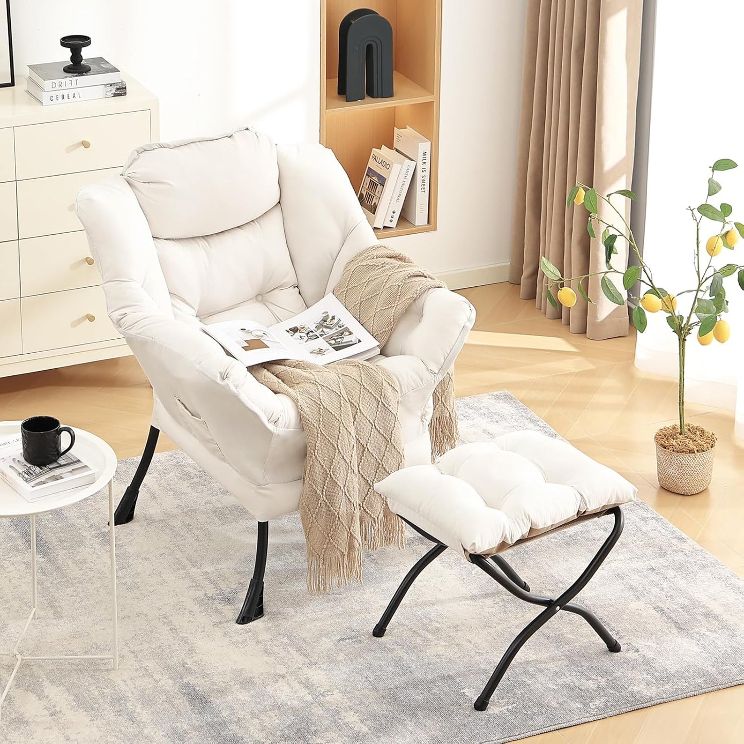 LITA Lazy Chair with Ottoman, Modern Accent Leisure Upholstered Sofa, Contemporary Lounge Reading Chair with Armrests and a Side Pocket for Living Room, Bedroom & Small Space, Beige