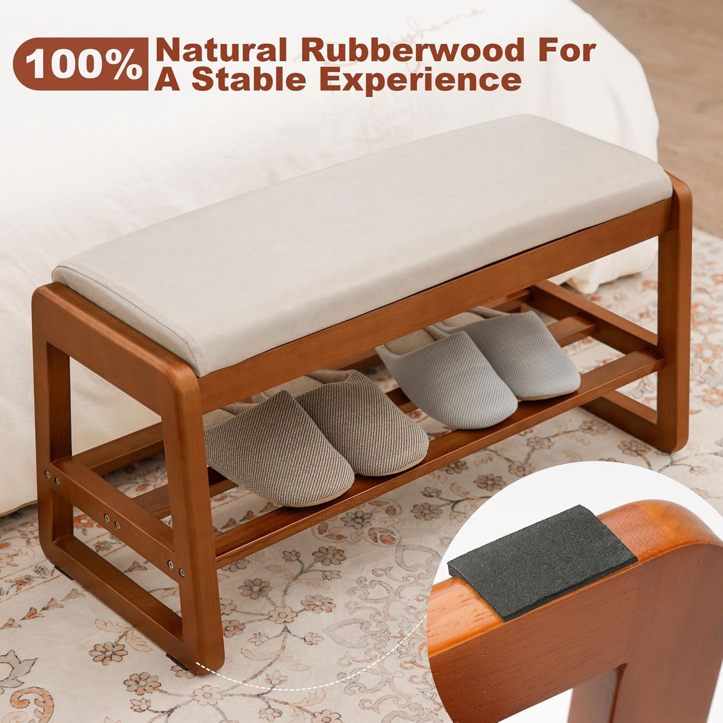 Shoe Bench Storage Rubberwood with Leather Cushion 39.4", Waterproof Easy to Clean 550LBS Organizer Shoe Rack for Entryway, Hallway, Mudroom, Front Door