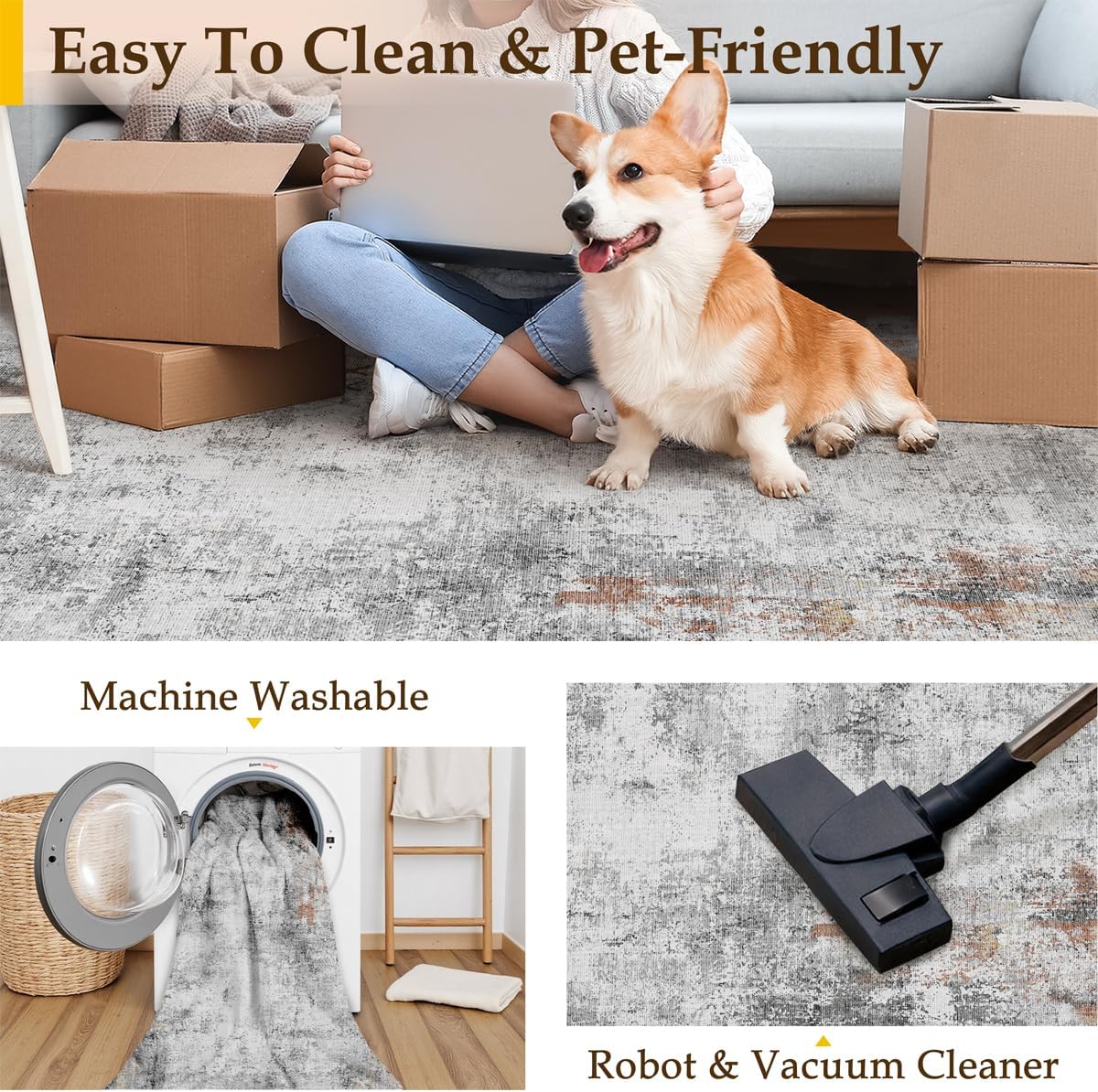 9x12 Washable Area Rug Grey Rust Modern Neutral Abstract Living Room Bedroom Indoor Floor Carpet Low Pile Soft Non-Slip Lightweight Vacuumable Large Throw Rug for Kitchen Dining Room