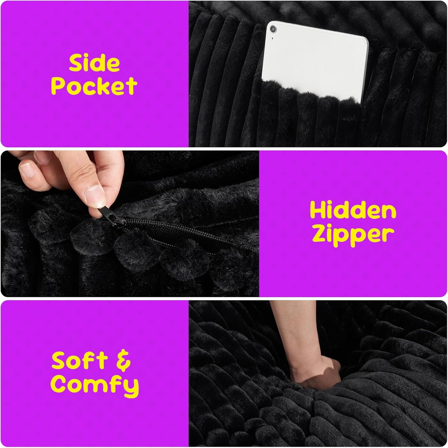 Hobestluk Bean Bag Chairs 2.5FT Bean Bag Chair with Memory Foam Filled & Stripe Plush Cover Small Bean Bag Chairs for Playroom, Living Room, Bedroom (Black)