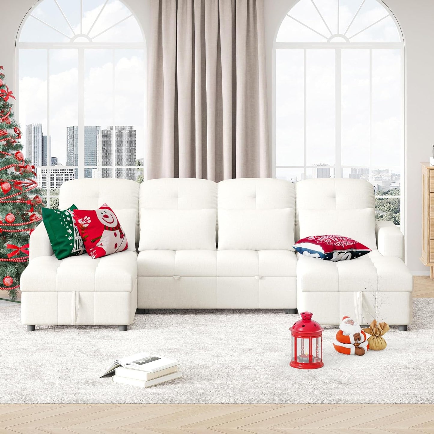 Ball & Cast 110.2" Oversized Versatile Sectional Sleep Sofa with Two USB Ports,U-Shape 4 Seat Pull-Out Couch w/Double Storage Chaise Lounges,for Living Room,Apartment,Office,Beige