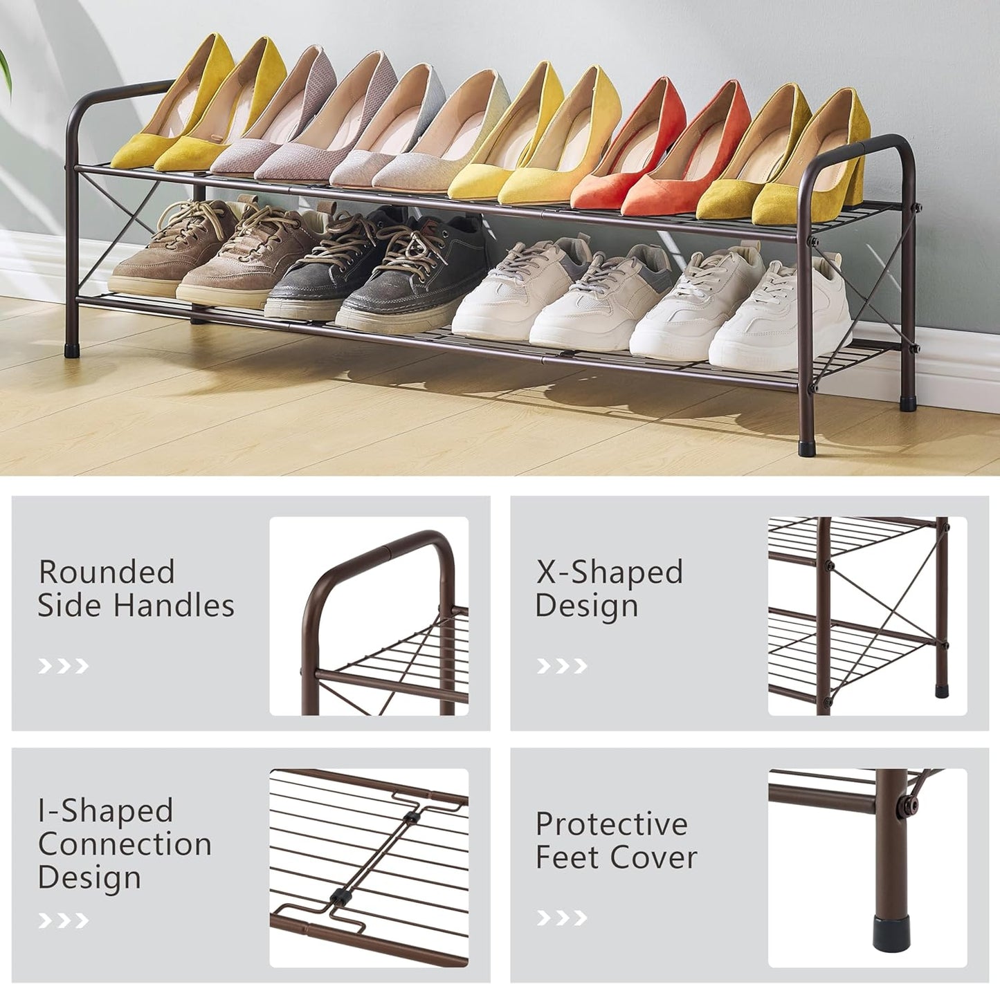 Hoctieon 2 Tier Shoe Rack for Closet, Durable Mesh Style Shoe Rack, Entryway Shoe Shelf, Shoe Storage Organizer for Hallway, Bedroom, Living Room, Wardrobe, Brown